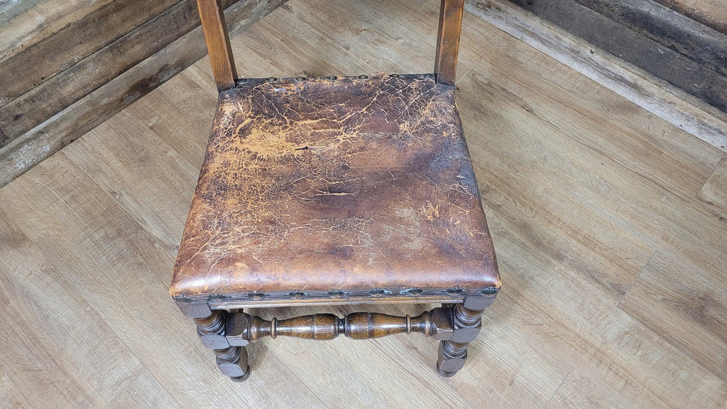 Vintage Elizabethan Style Oak Hall Or Bedroom Chair Distressed Tan Leather