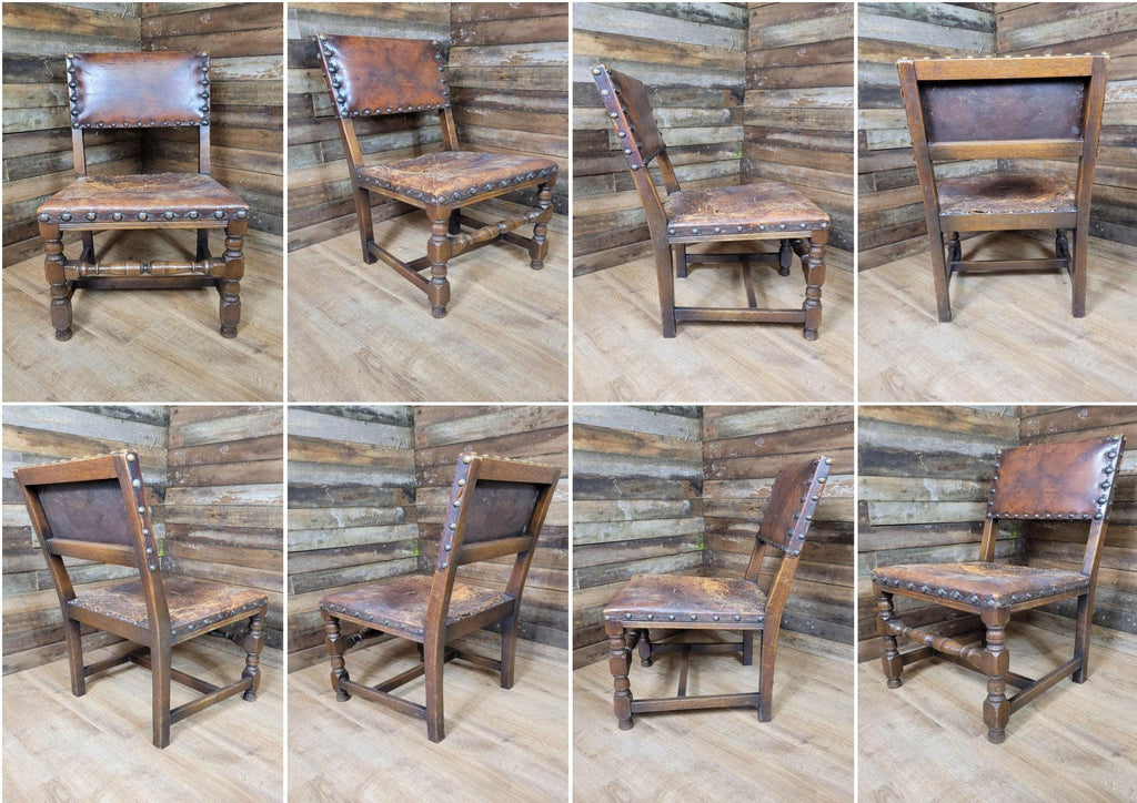 Vintage Elizabethan Style Oak Hall Or Bedroom Chair Distressed Tan Leather