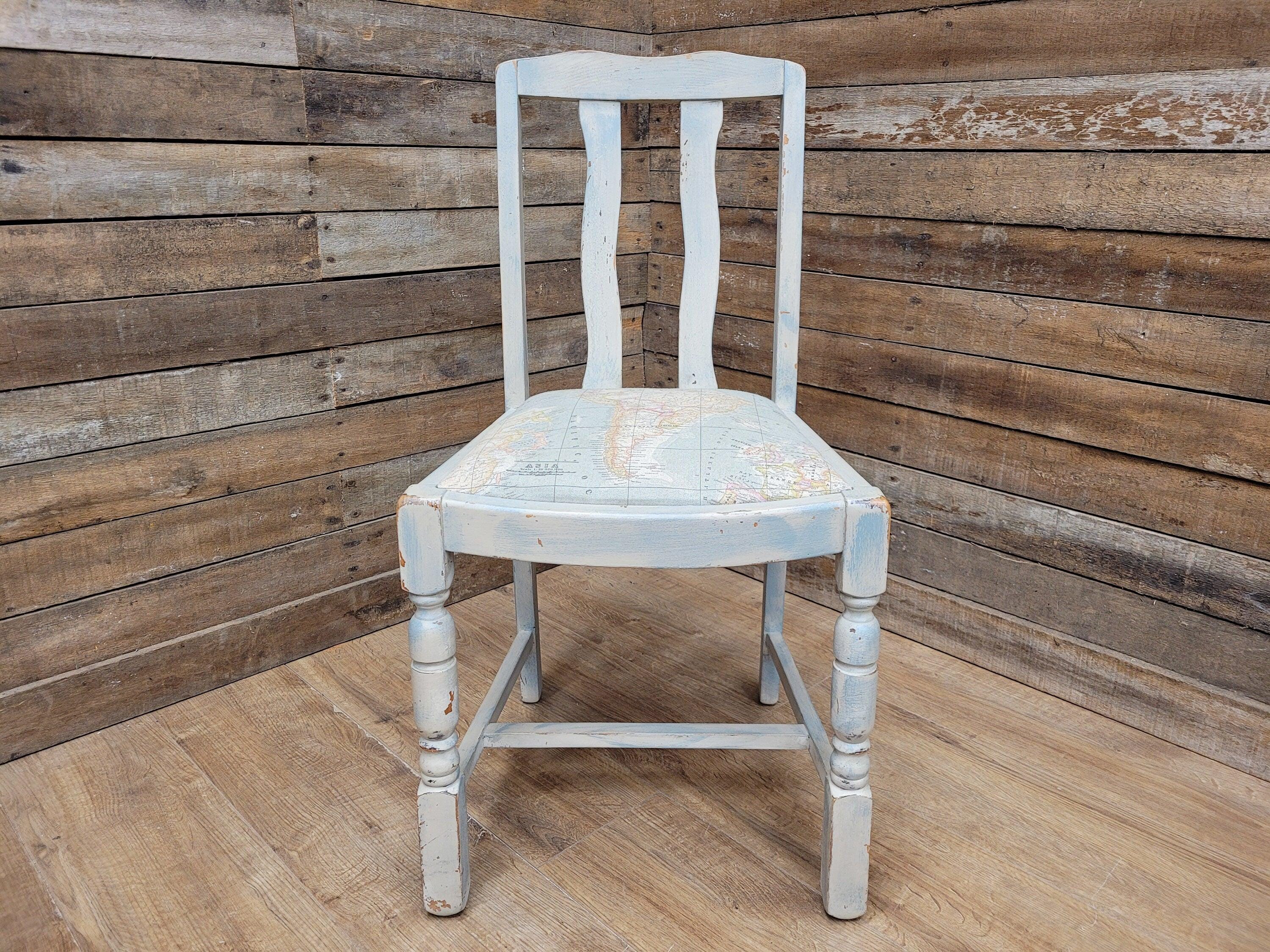 Vintage Distressed Duck Egg Painted Slat Back Chair Upholstered Map Fabric Seat