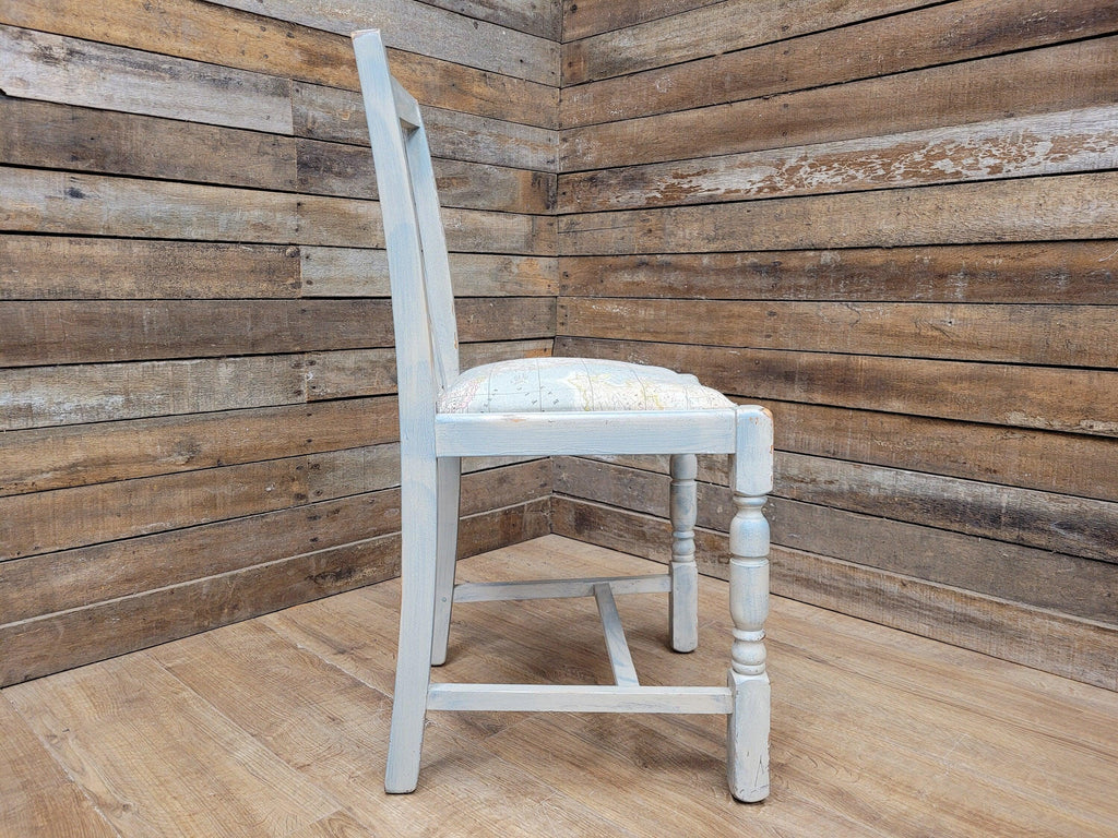 Vintage Distressed Duck Egg Painted Slat Back Chair Upholstered Map Fabric Seat