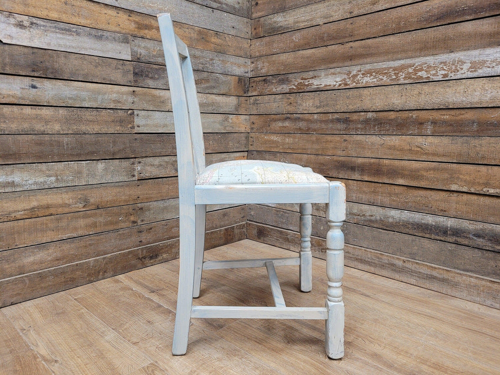 Vintage Distressed Duck Egg Painted Slat Back Chair Upholstered Map Fabric Seat