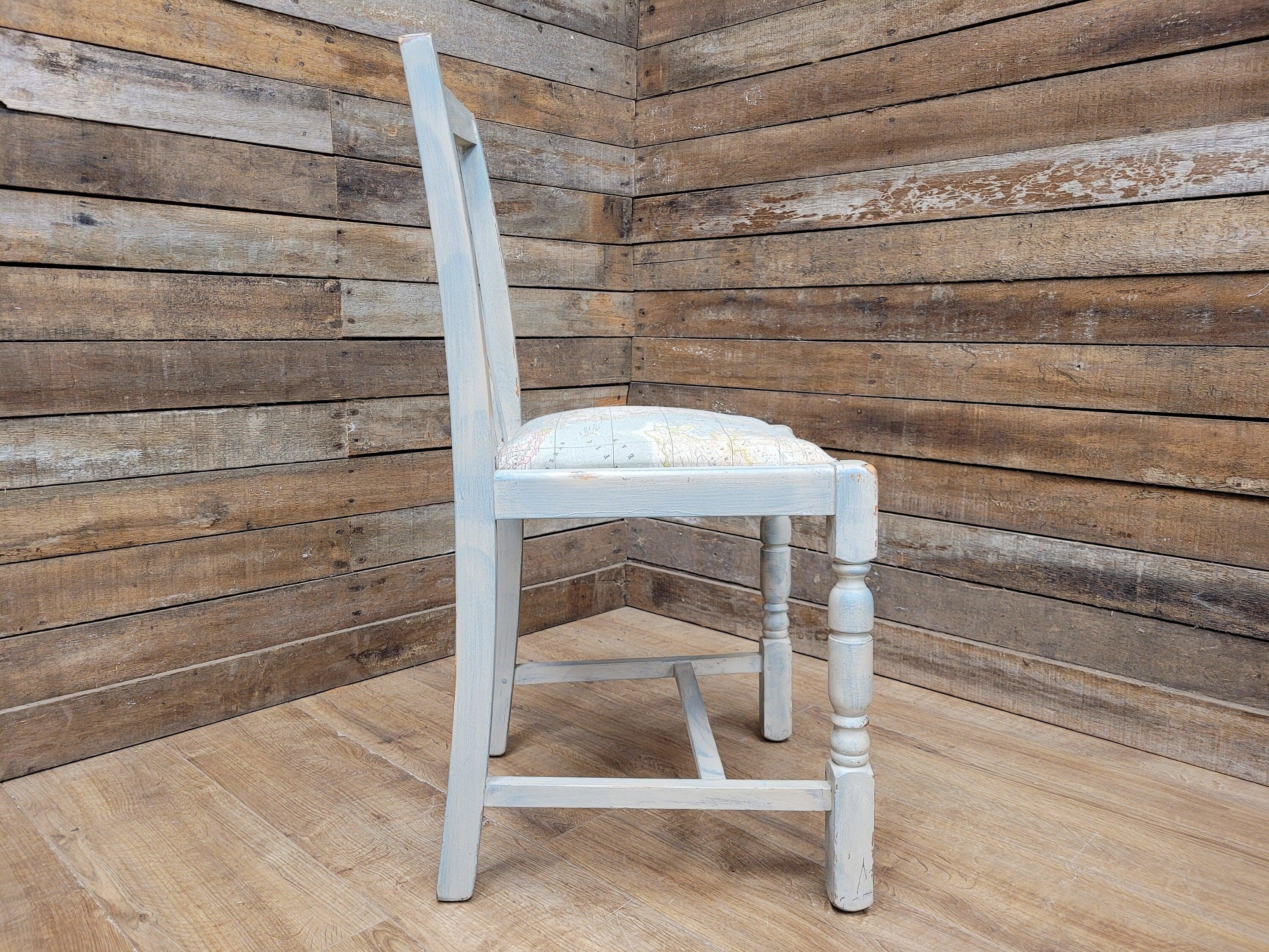Vintage Distressed Duck Egg Painted Slat Back Chair Upholstered Map Fabric Seat