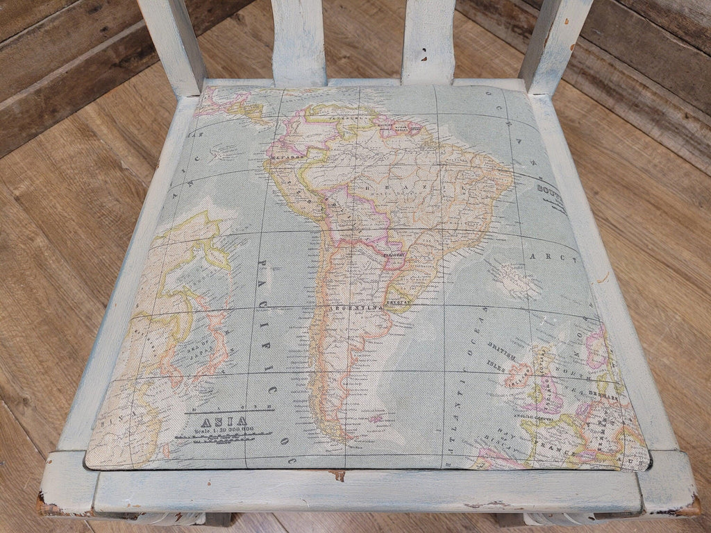 Vintage Distressed Duck Egg Painted Slat Back Chair Upholstered Map Fabric Seat