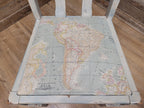 Vintage Distressed Duck Egg Painted Slat Back Chair Upholstered Map Fabric Seat