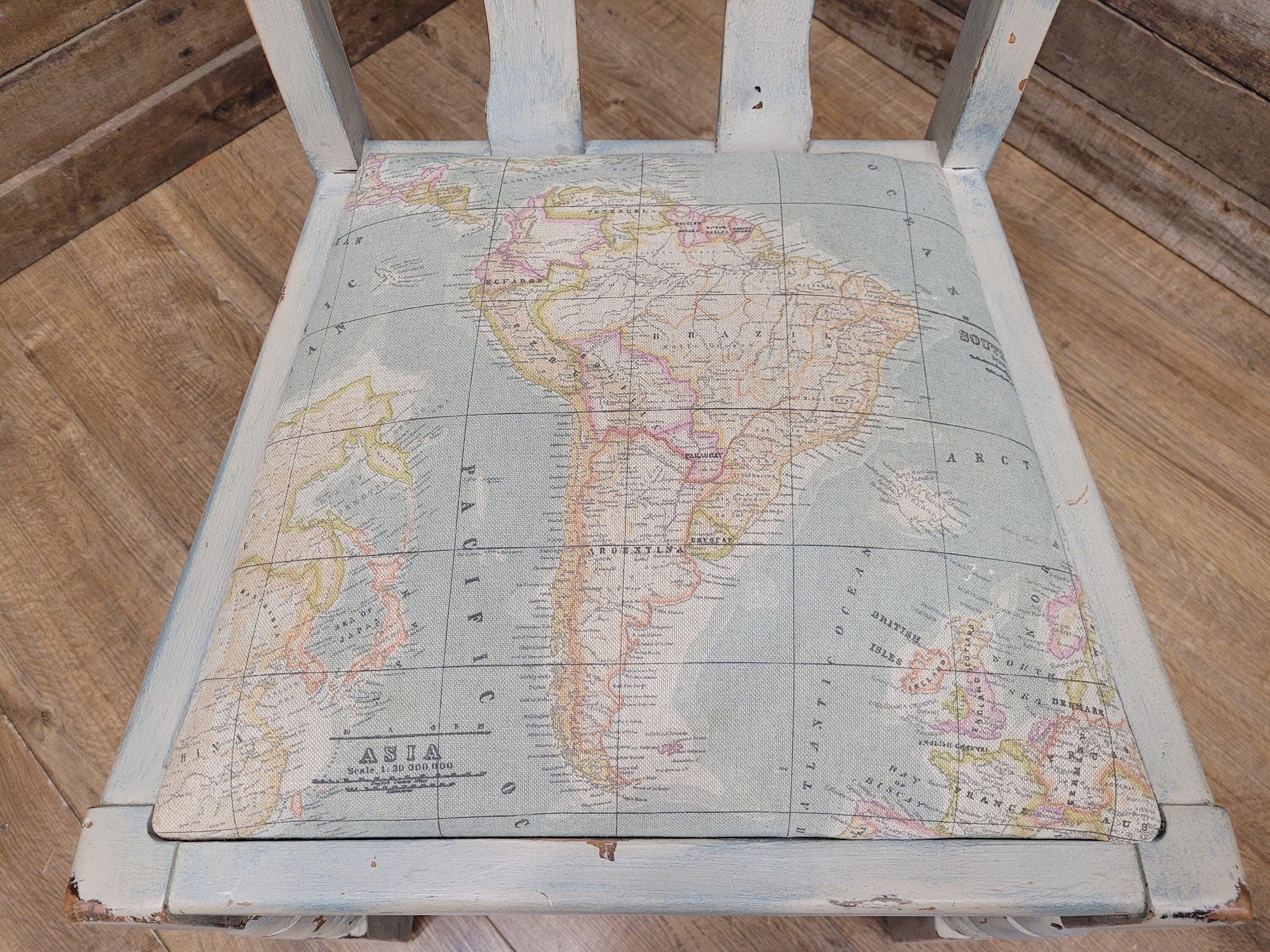 Vintage Distressed Duck Egg Painted Slat Back Chair Upholstered Map Fabric Seat