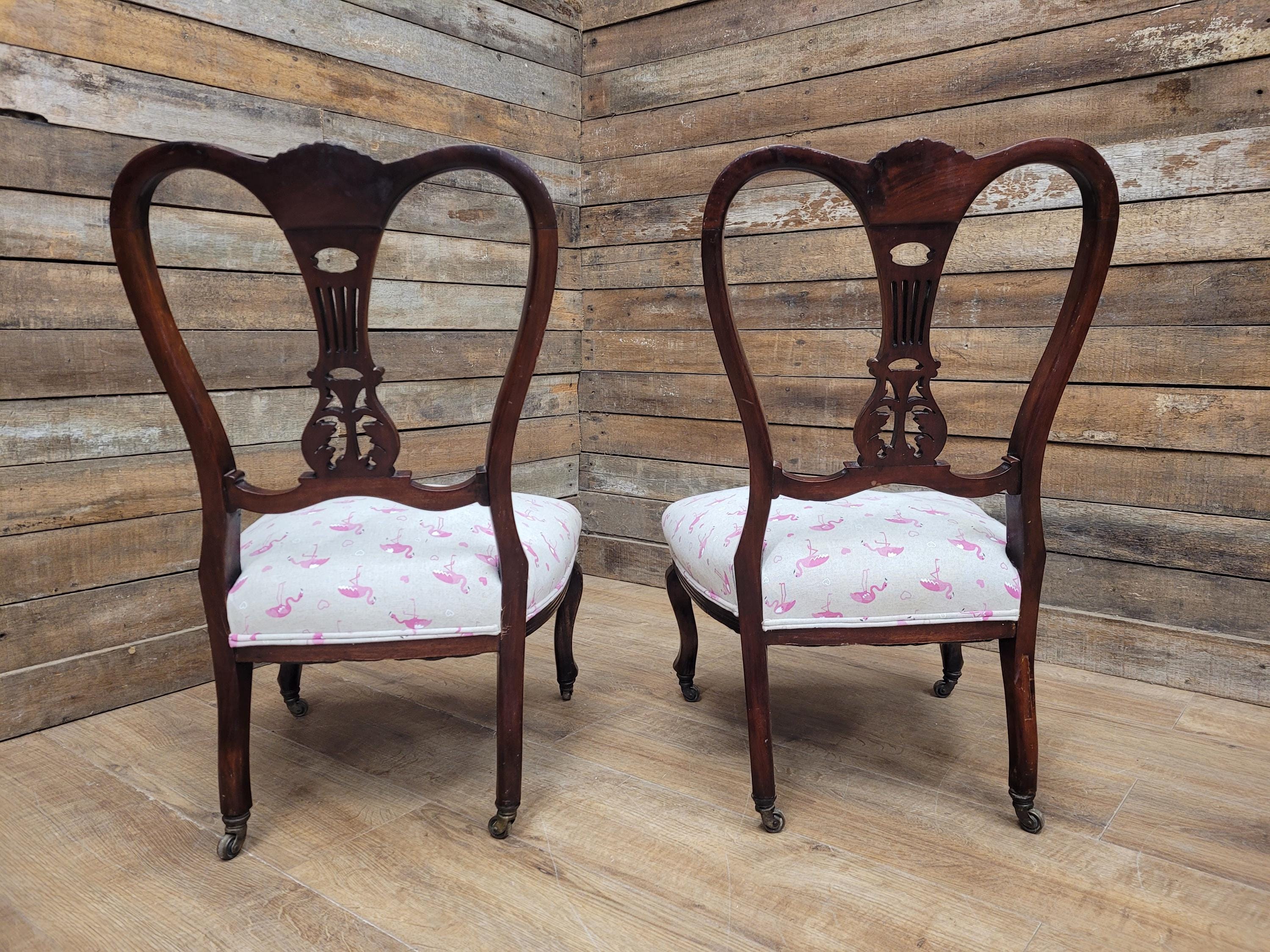 Pair Of Antique Victorian Mahogany Lyre Back Low Salon Chairs Bedroom Hall