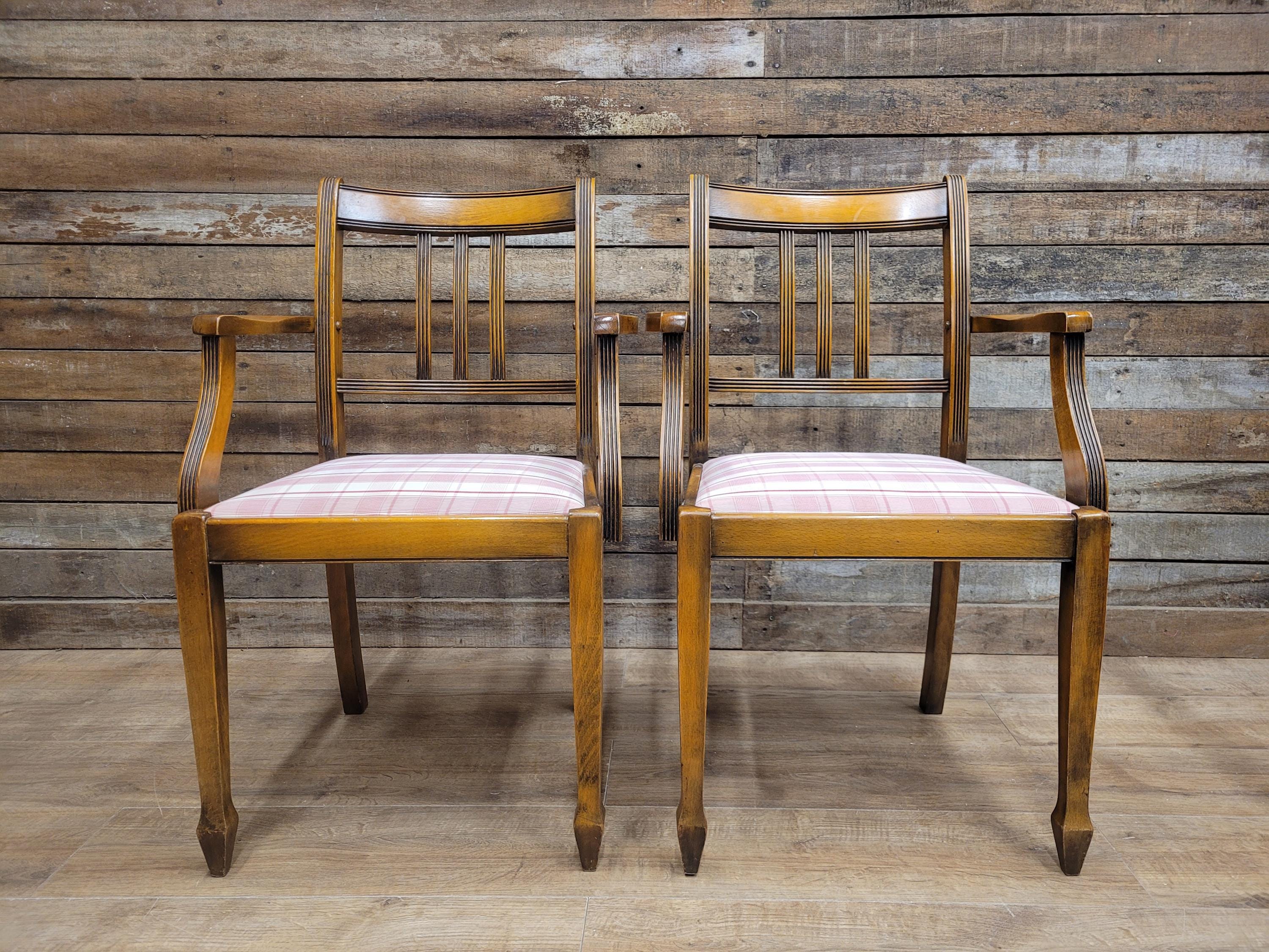 Set of 6 Vintage Dining Chairs with Pink Check Upholstery 20th Century