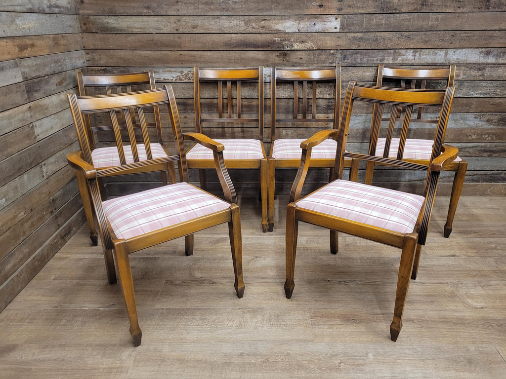 Set of 6 Vintage Dining Chairs with Pink Check Upholstery 20th Century