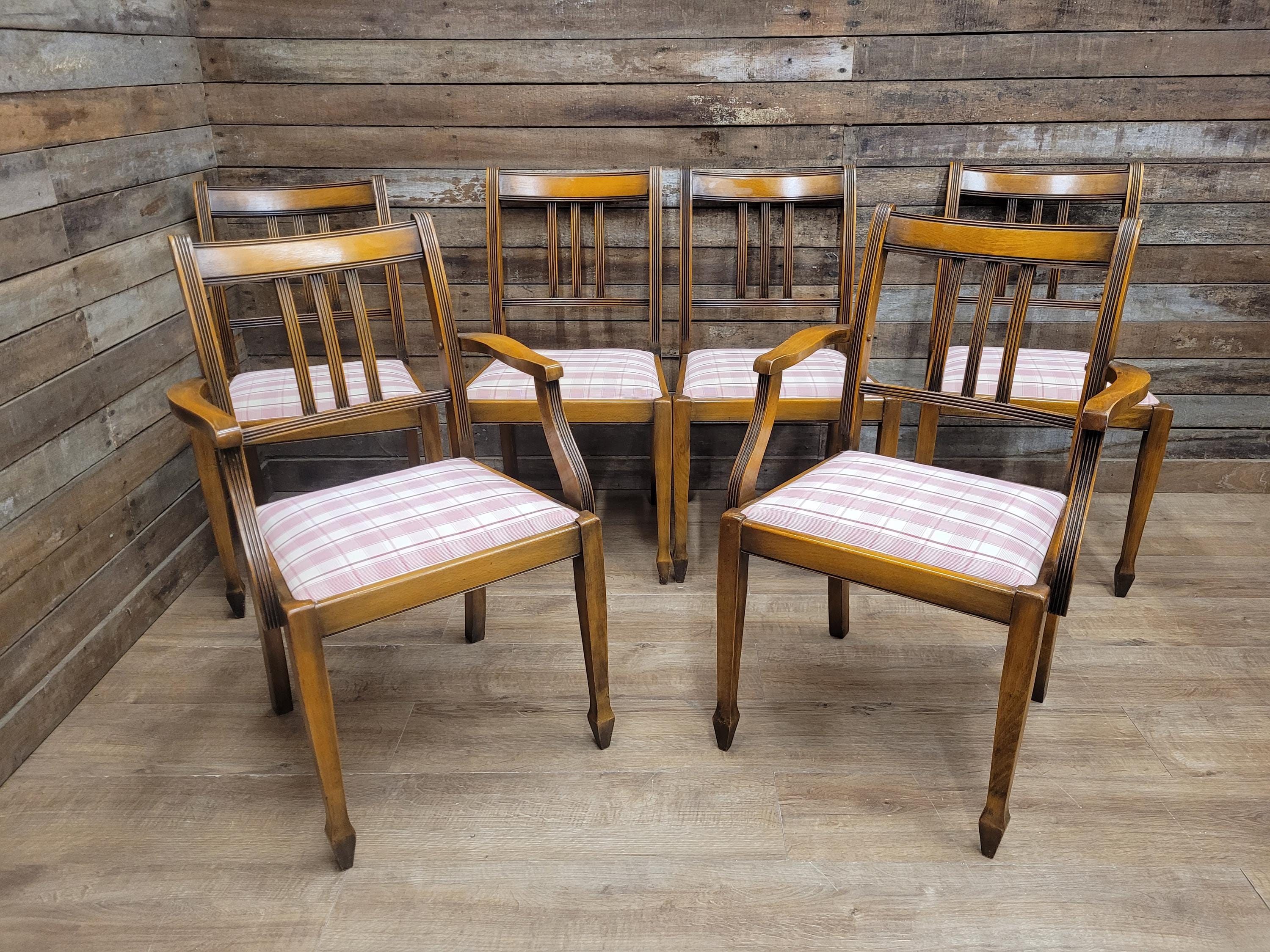 Set of 6 Vintage Dining Chairs with Pink Check Upholstery 20th Century