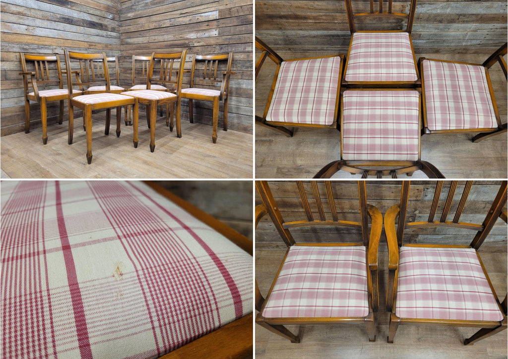 Set of 6 Vintage Dining Chairs with Pink Check Upholstery 20th Century