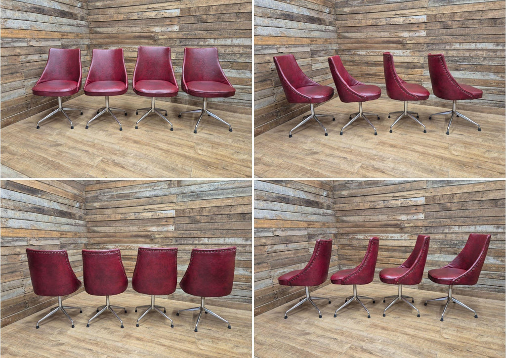 4 Vintage 1960s Retro Swivel Dining Chairs Red Vinyl Upholstery on Chrome Bases