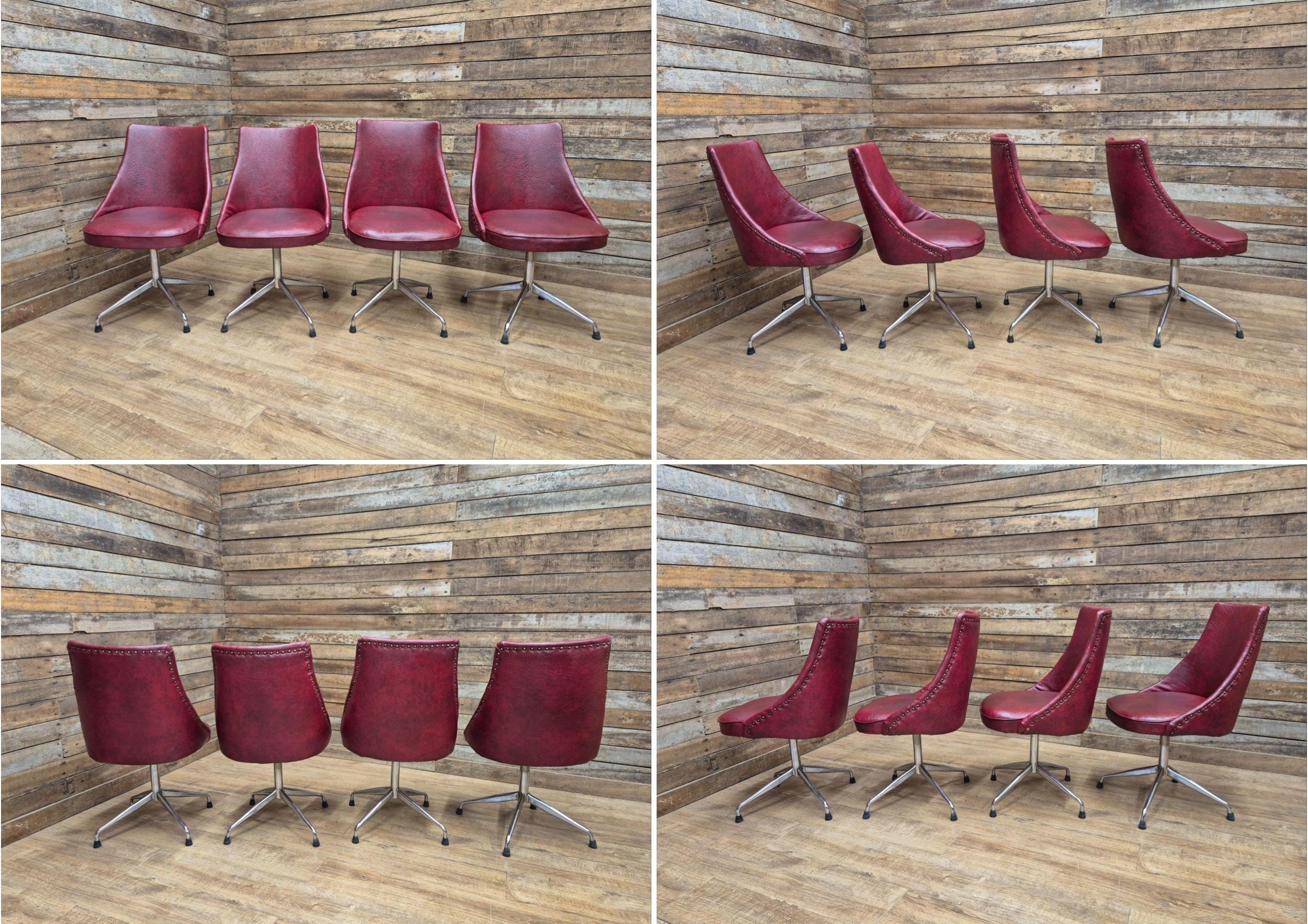 4 Vintage 1960s Retro Swivel Dining Chairs Red Vinyl Upholstery on Chrome Bases