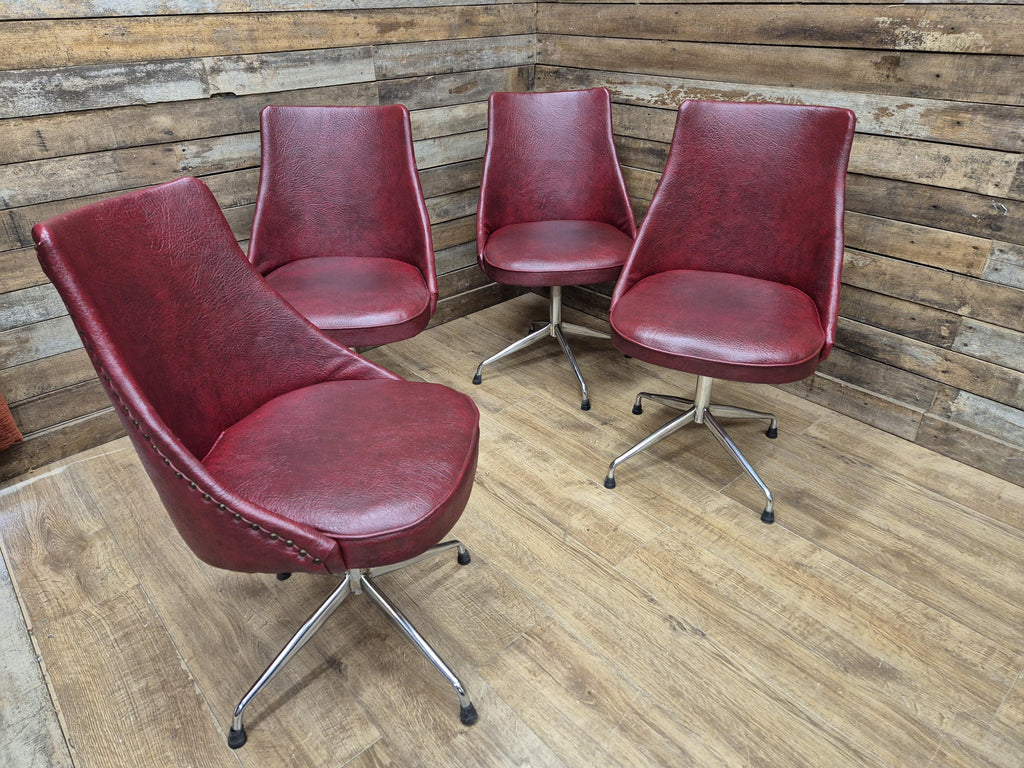 4 Vintage 1960s Retro Swivel Dining Chairs Red Vinyl Upholstery on Chrome Bases