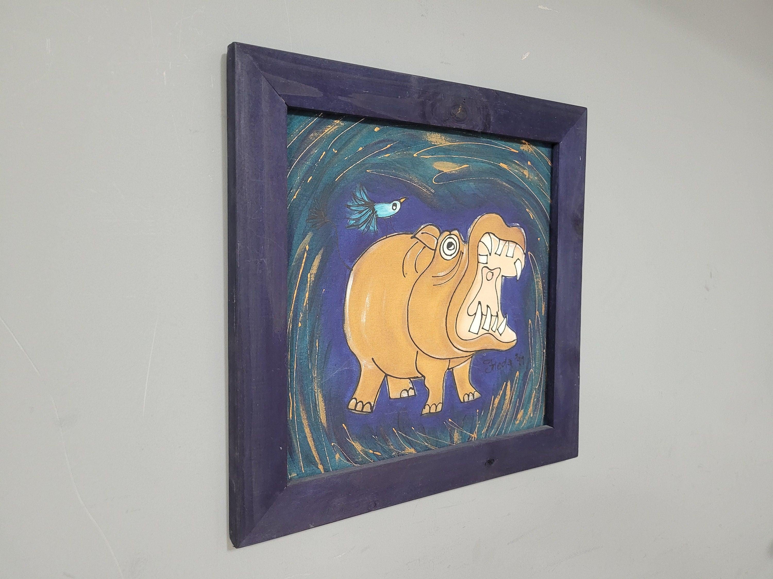 Original Framed Picture Of Hippo Signed Frieda #1