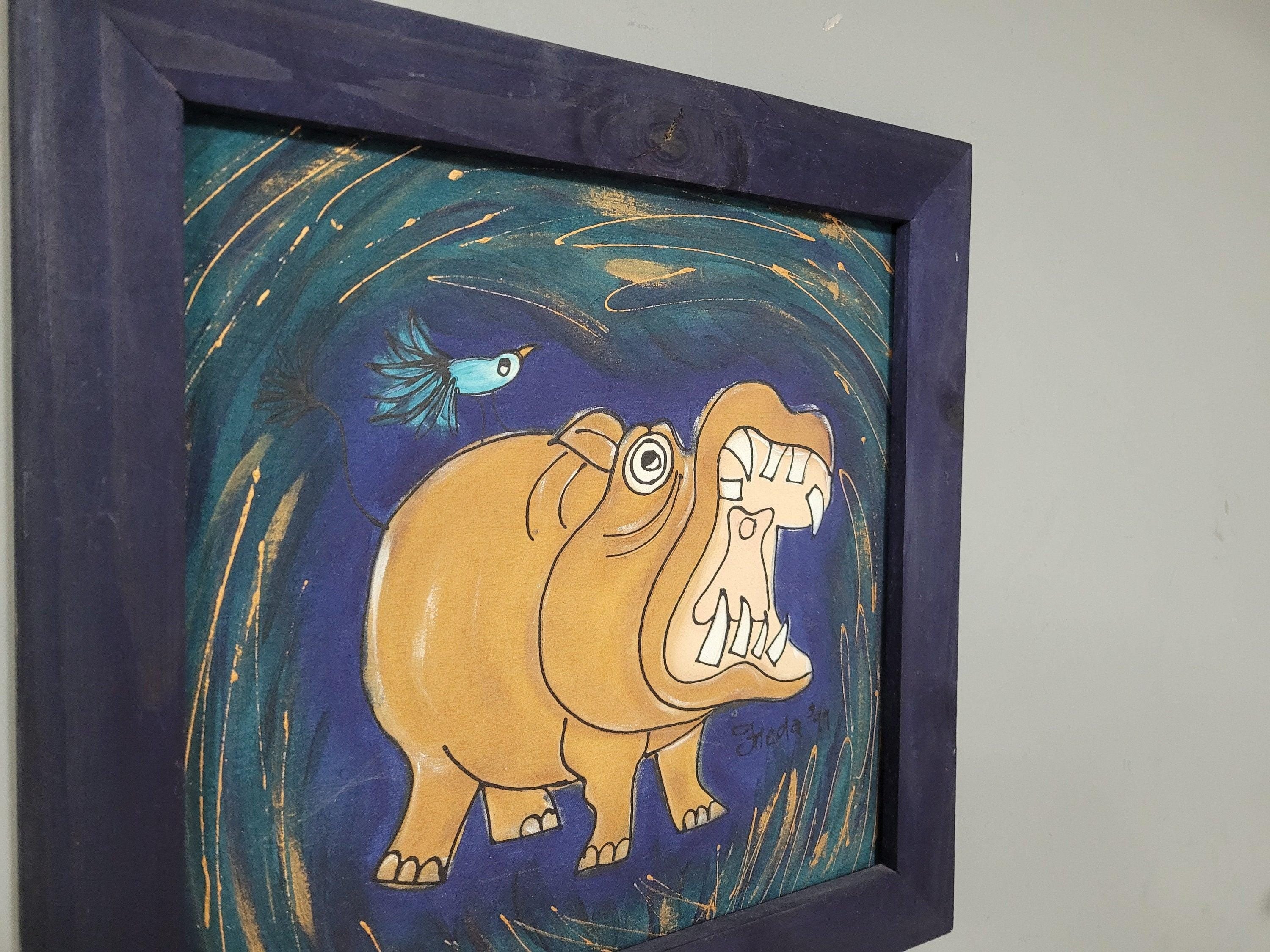 Original Framed Picture Of Hippo Signed Frieda #1