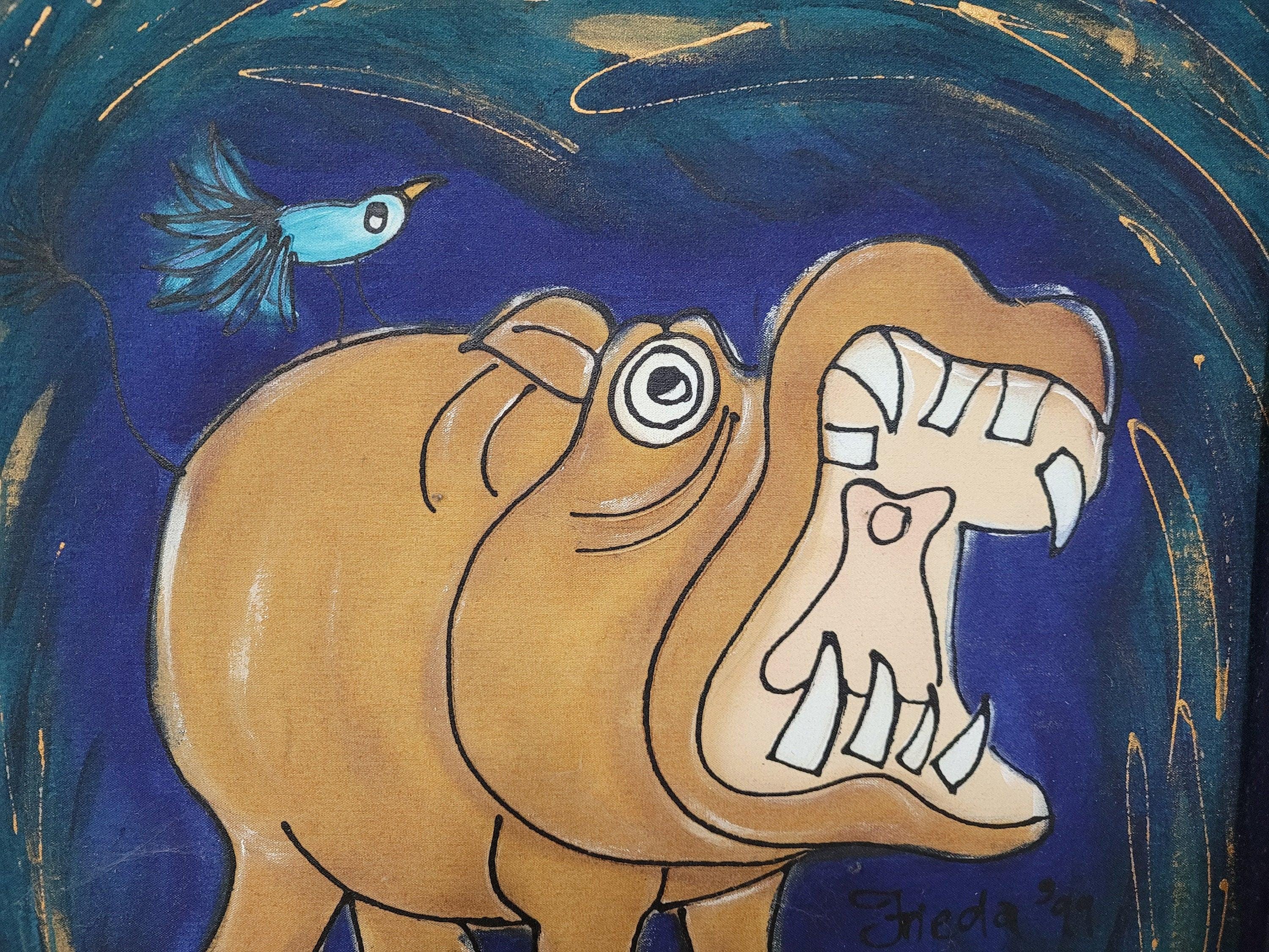 Original Framed Picture Of Hippo Signed Frieda #1