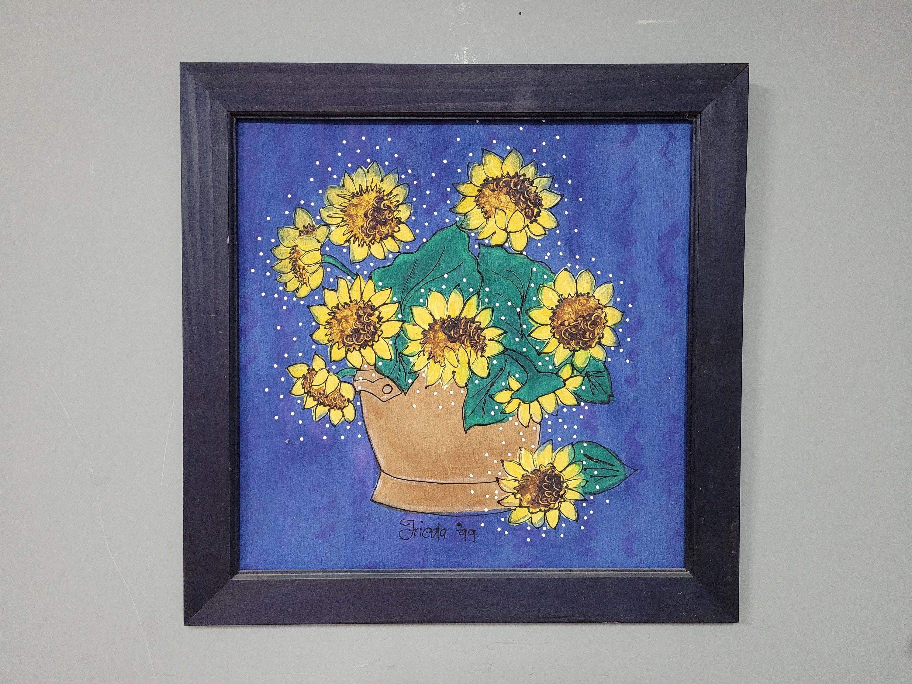 Original Framed Picture Of Sunflowers Signed Frieda #3