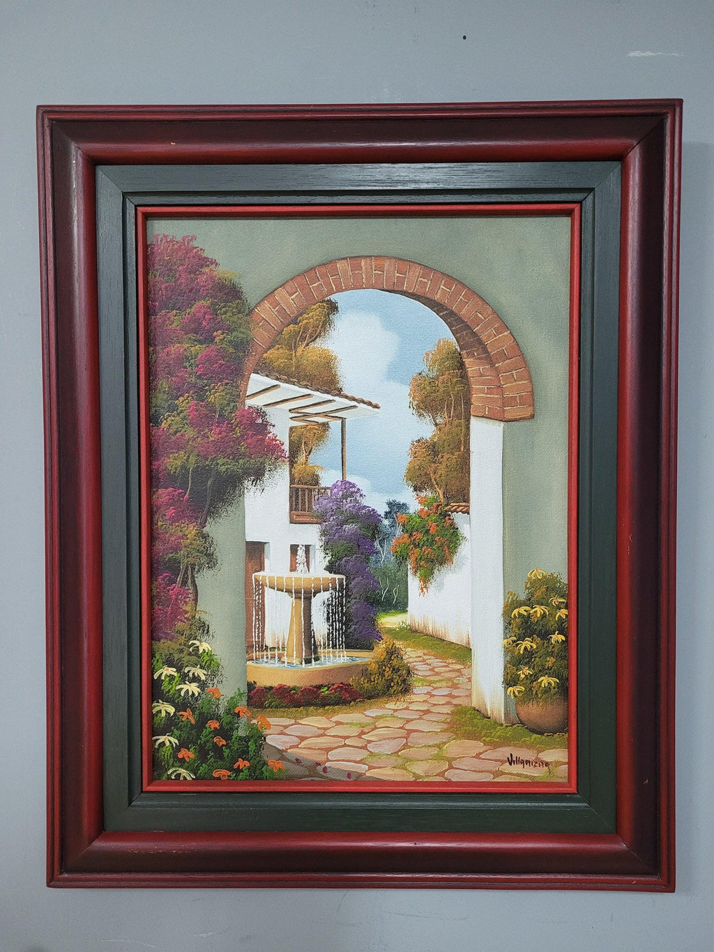 Original Signed Framed Painting Of Finca Courtyard Signed Side #6