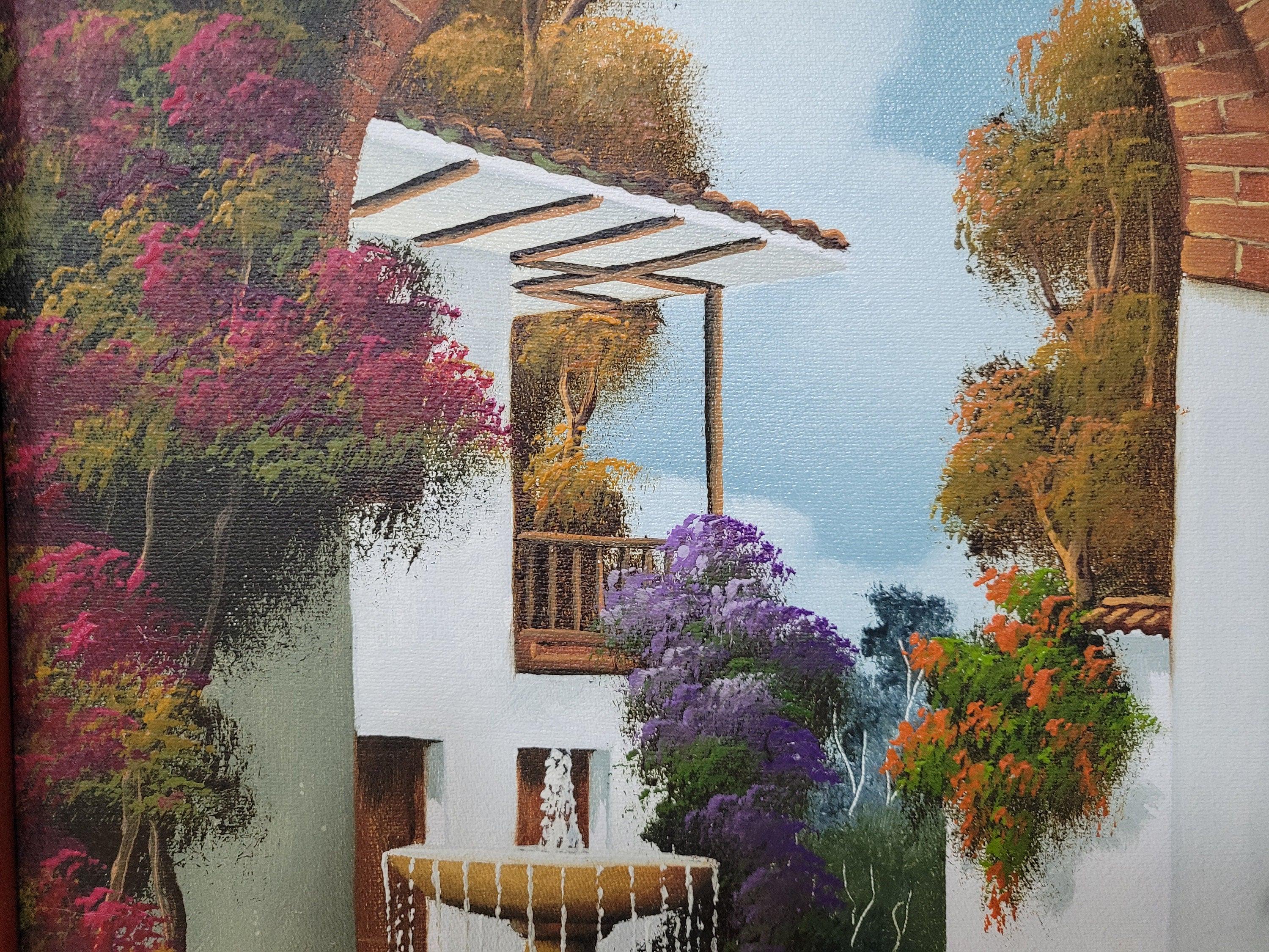 Original Signed Framed Painting Of Finca Courtyard Signed Side #6