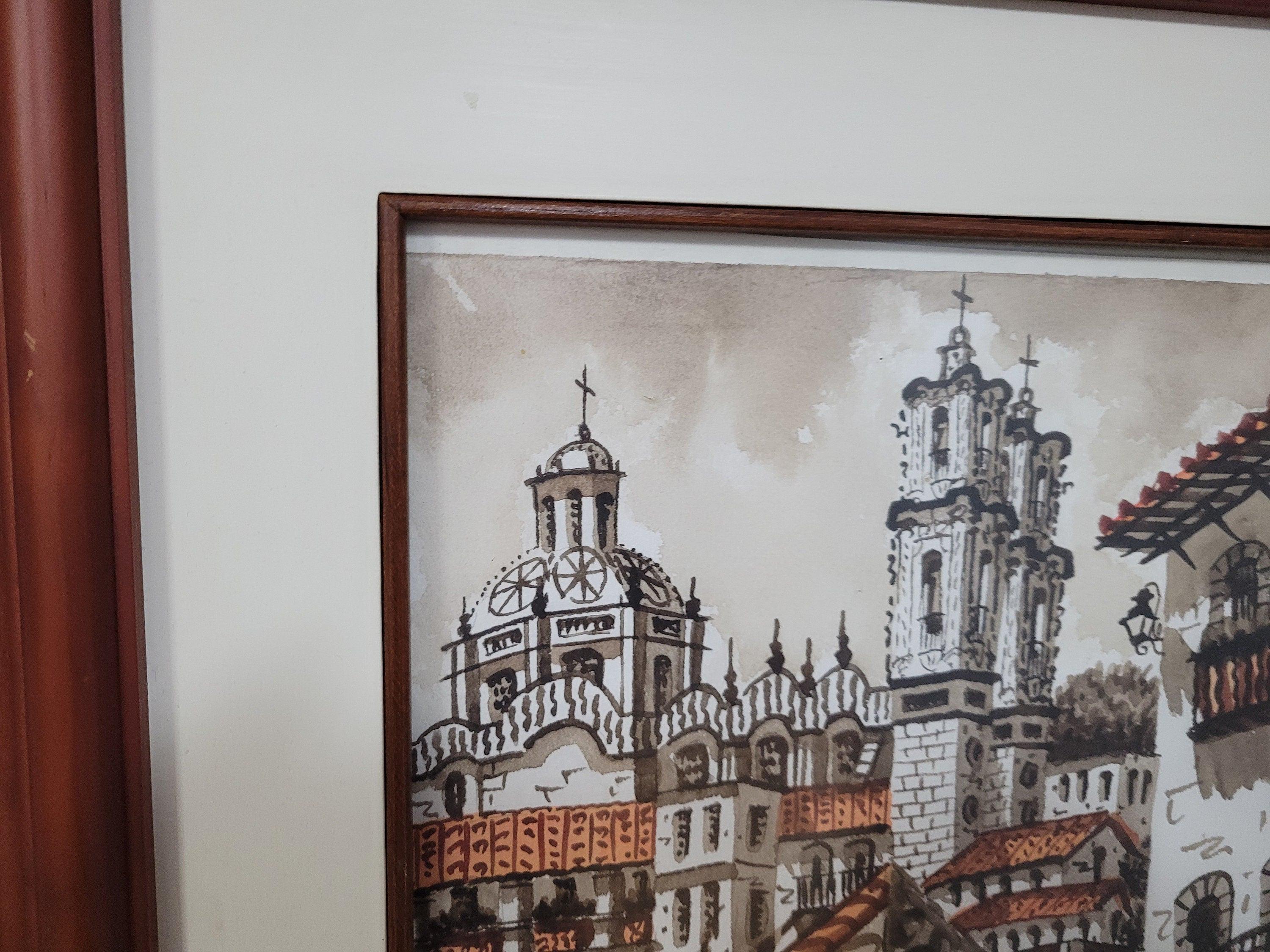 Original Signed Framed Watercolour Silver Taxco Cathedral Mexico #7