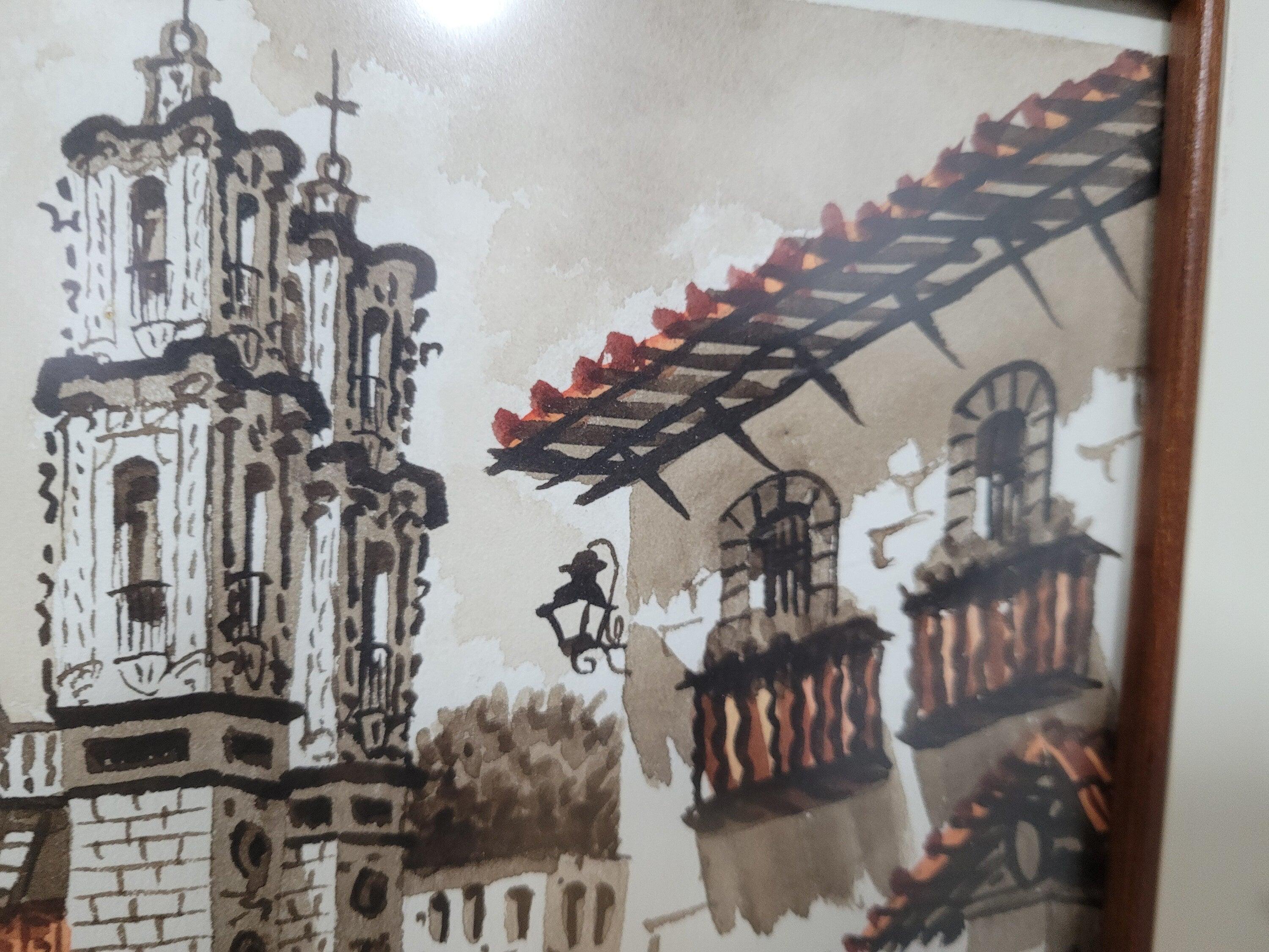 Original Signed Framed Watercolour Silver Taxco Cathedral Mexico #7