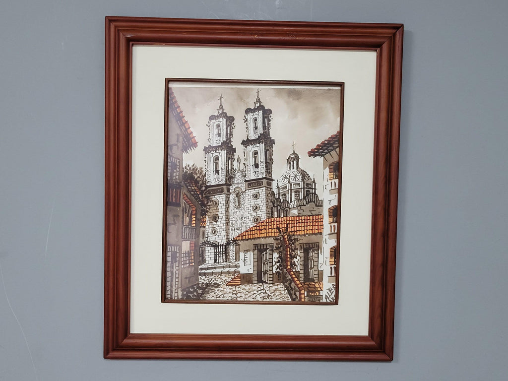Framed Watercolour Silver Taxco Cathedral Mexico Original Signed #8
