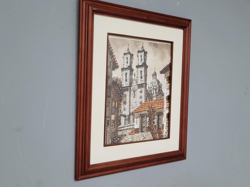 Framed Watercolour Silver Taxco Cathedral Mexico Original Signed #8