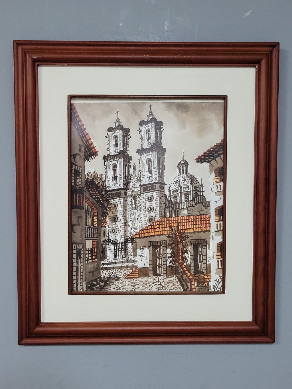 Framed Watercolour Silver Taxco Cathedral Mexico Original Signed #8