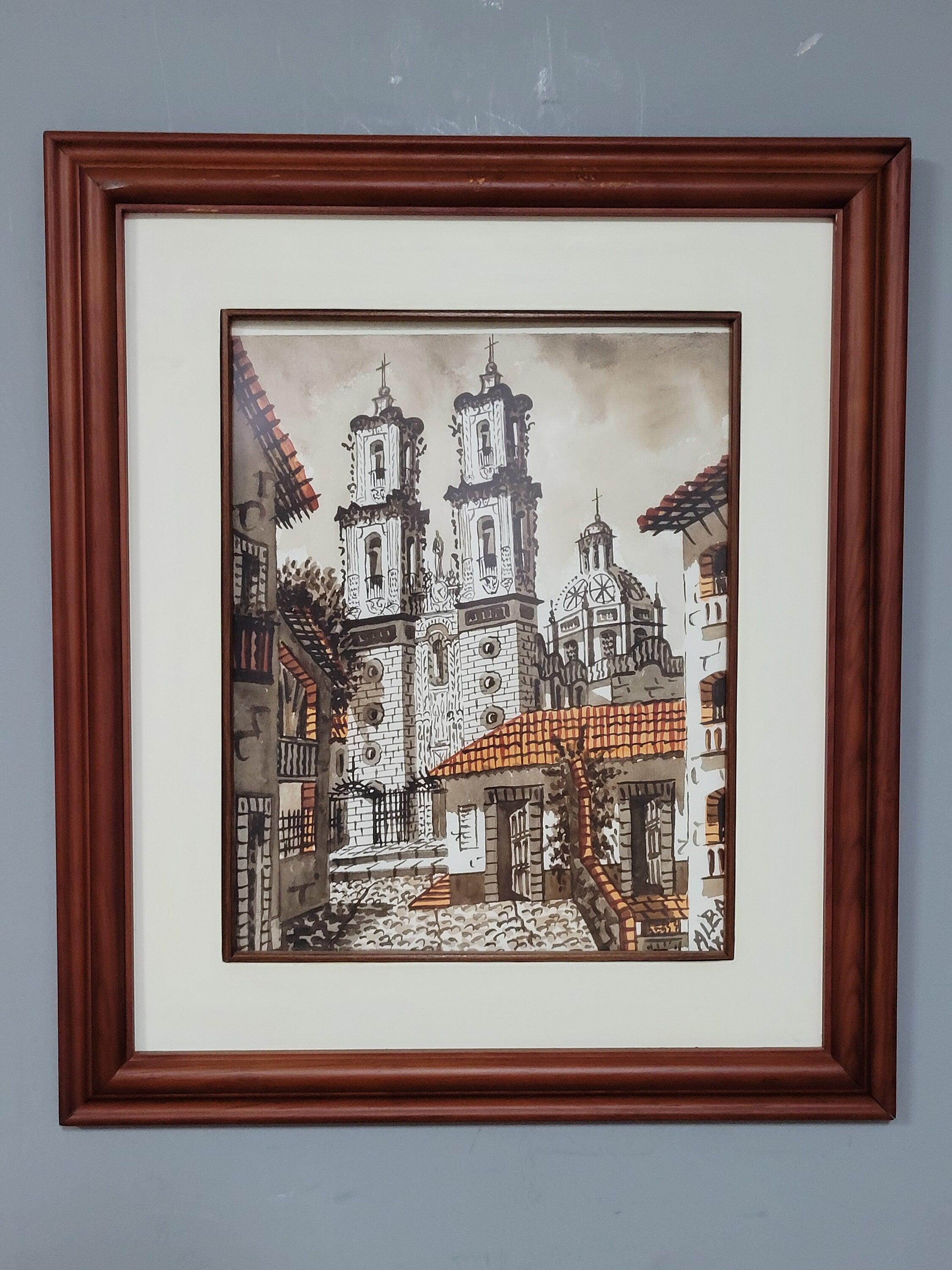 Framed Watercolour Silver Taxco Cathedral Mexico Original Signed #8