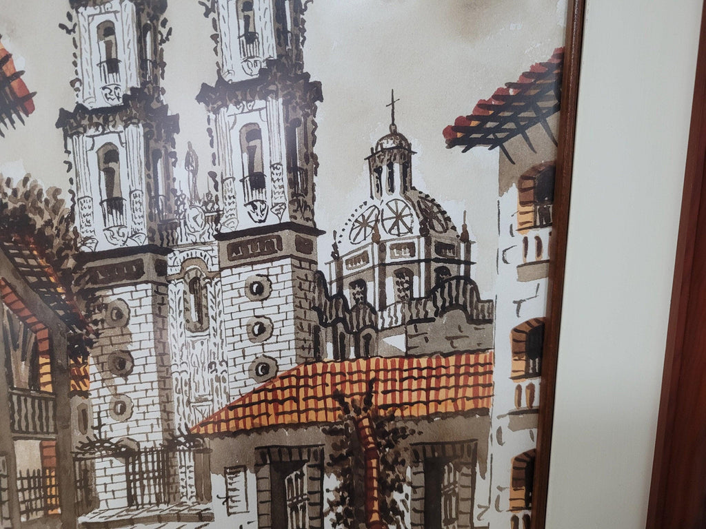 Framed Watercolour Silver Taxco Cathedral Mexico Original Signed #8