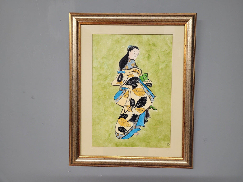 Framed Watercolour Of Geisha After Kaigetsigetsudo Anchi By Sylvia Barnston