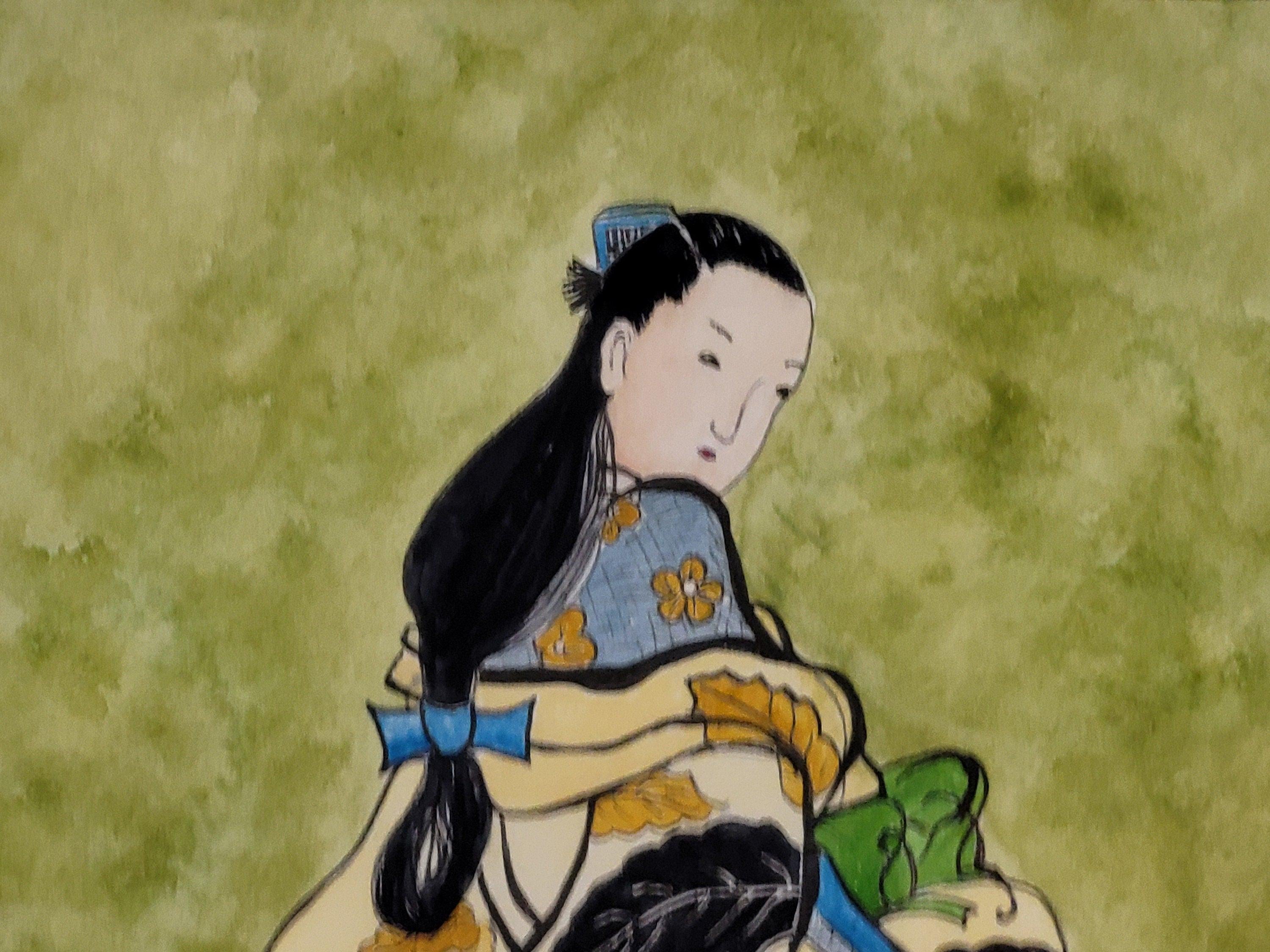 Framed Watercolour Of Geisha After Kaigetsigetsudo Anchi By Sylvia Barnston