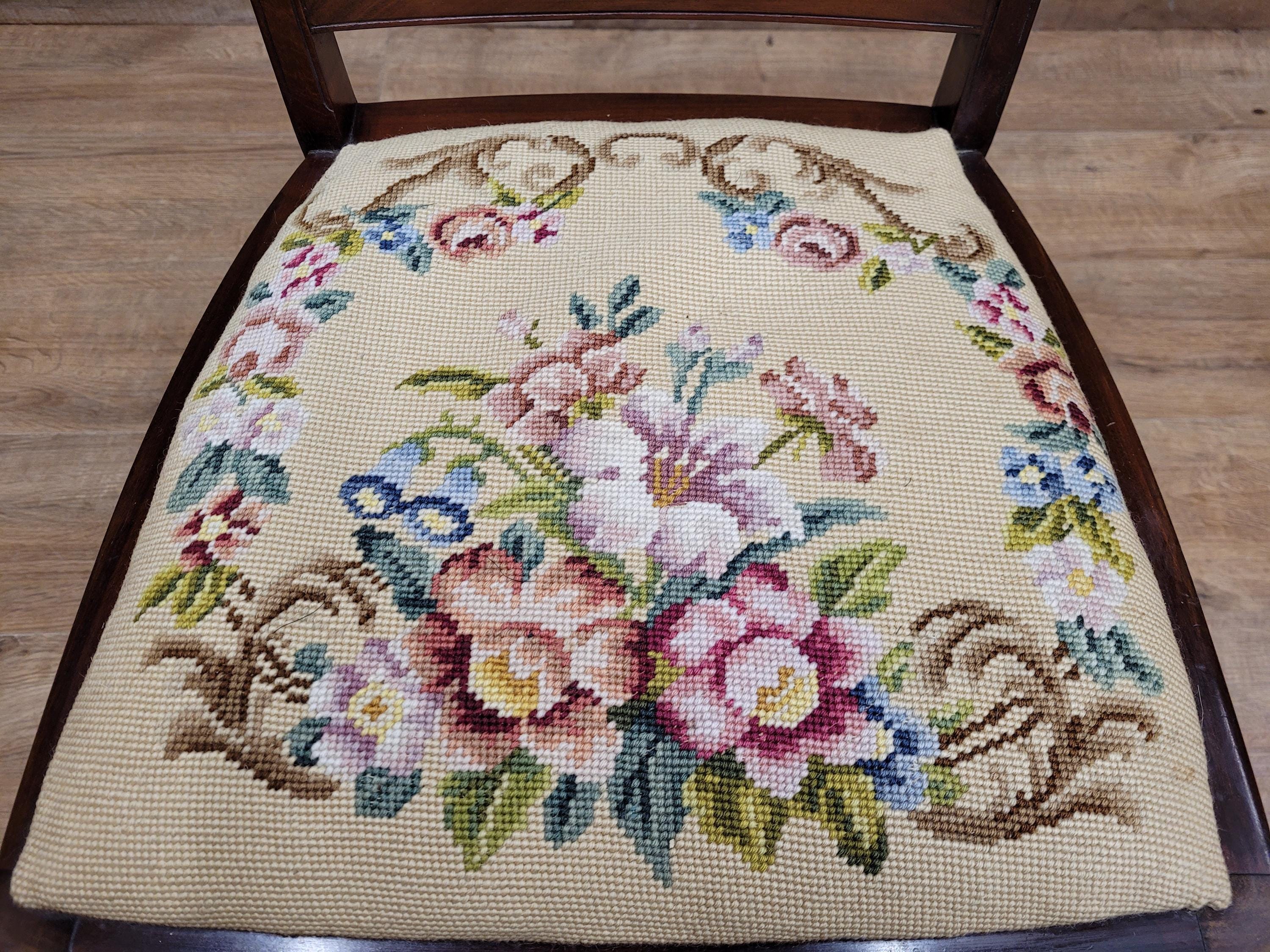 Vintage Mahogany Slat Back Hand Made Needlepoint Bedroom Chair