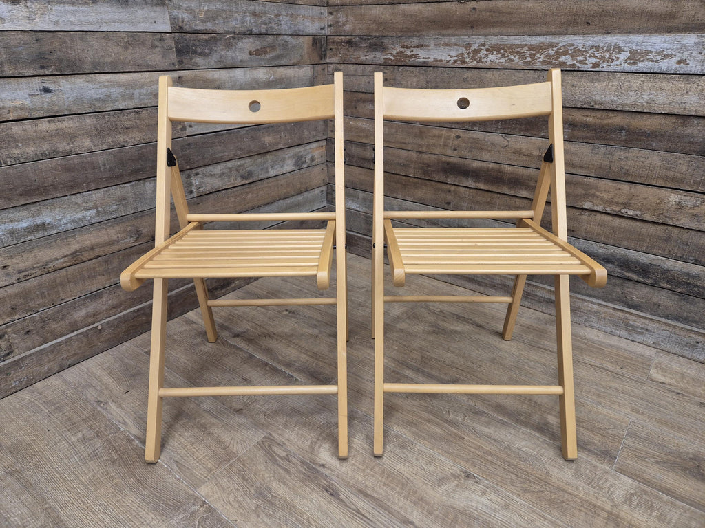 Two Vintage Wooden Slatted Folding Chairs Space Saving