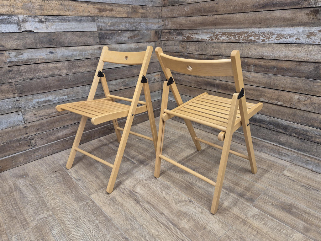 Two Vintage Wooden Slatted Folding Chairs Space Saving