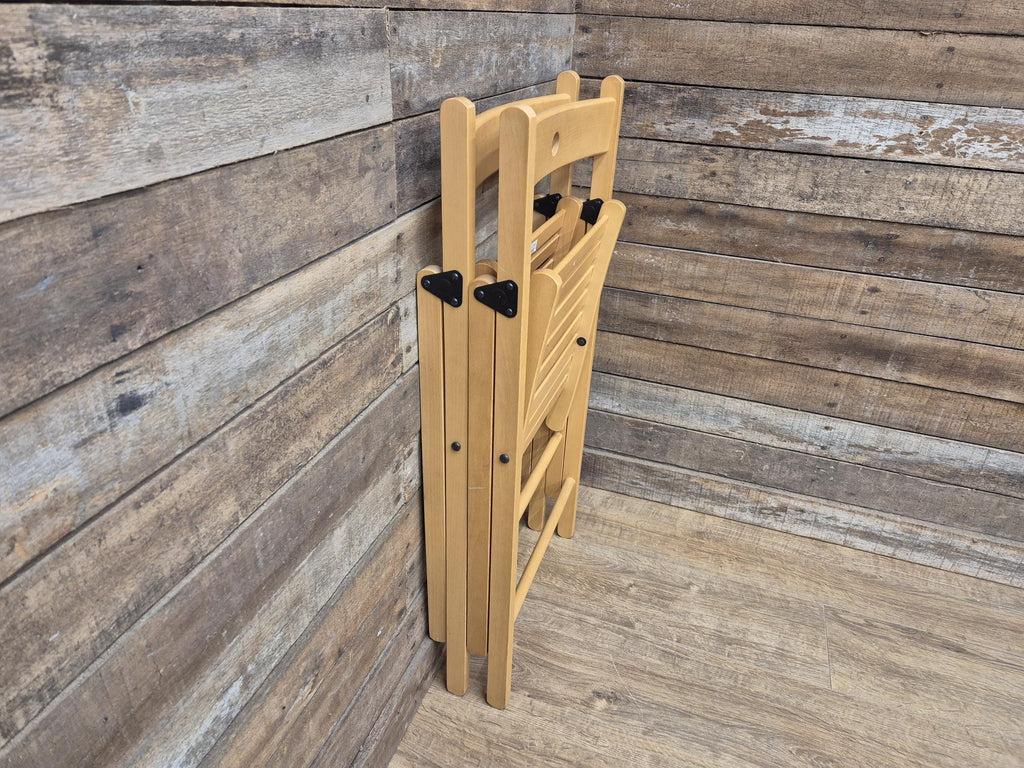 Two Vintage Wooden Slatted Folding Chairs Space Saving
