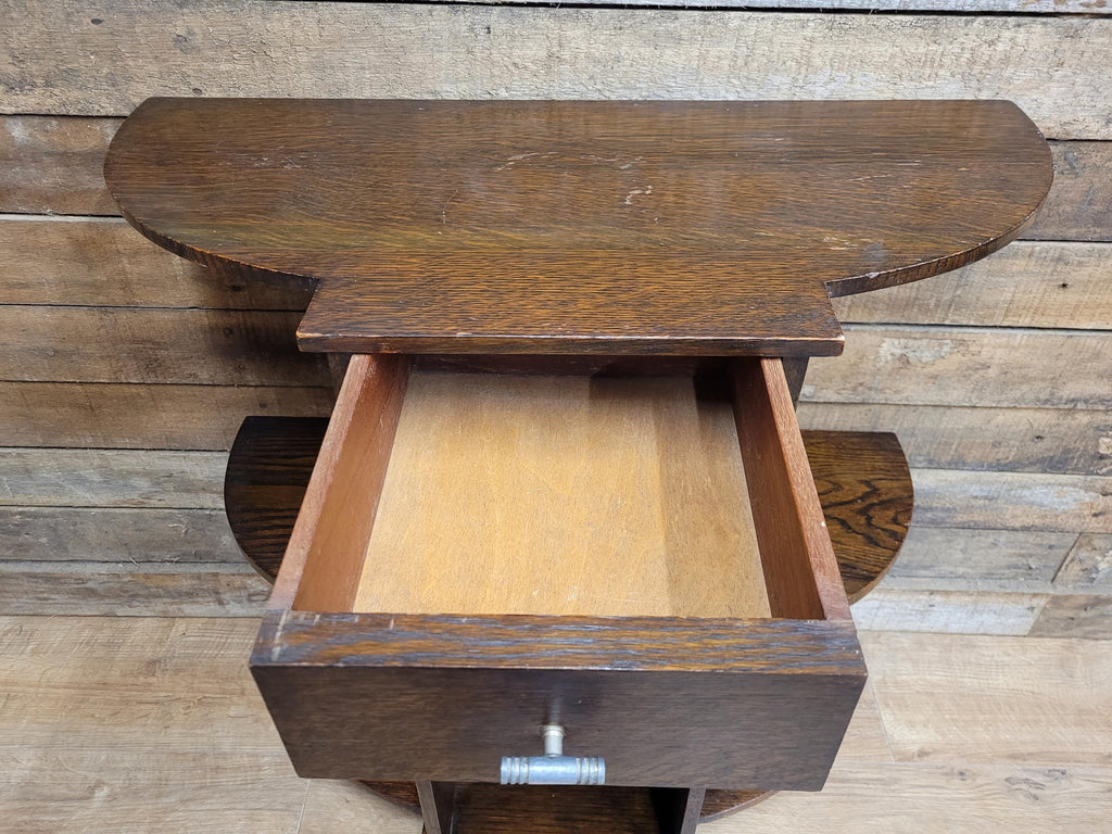 Vintage Art Deco Oak Three Tier Whatnot Plant Stand With Drawer