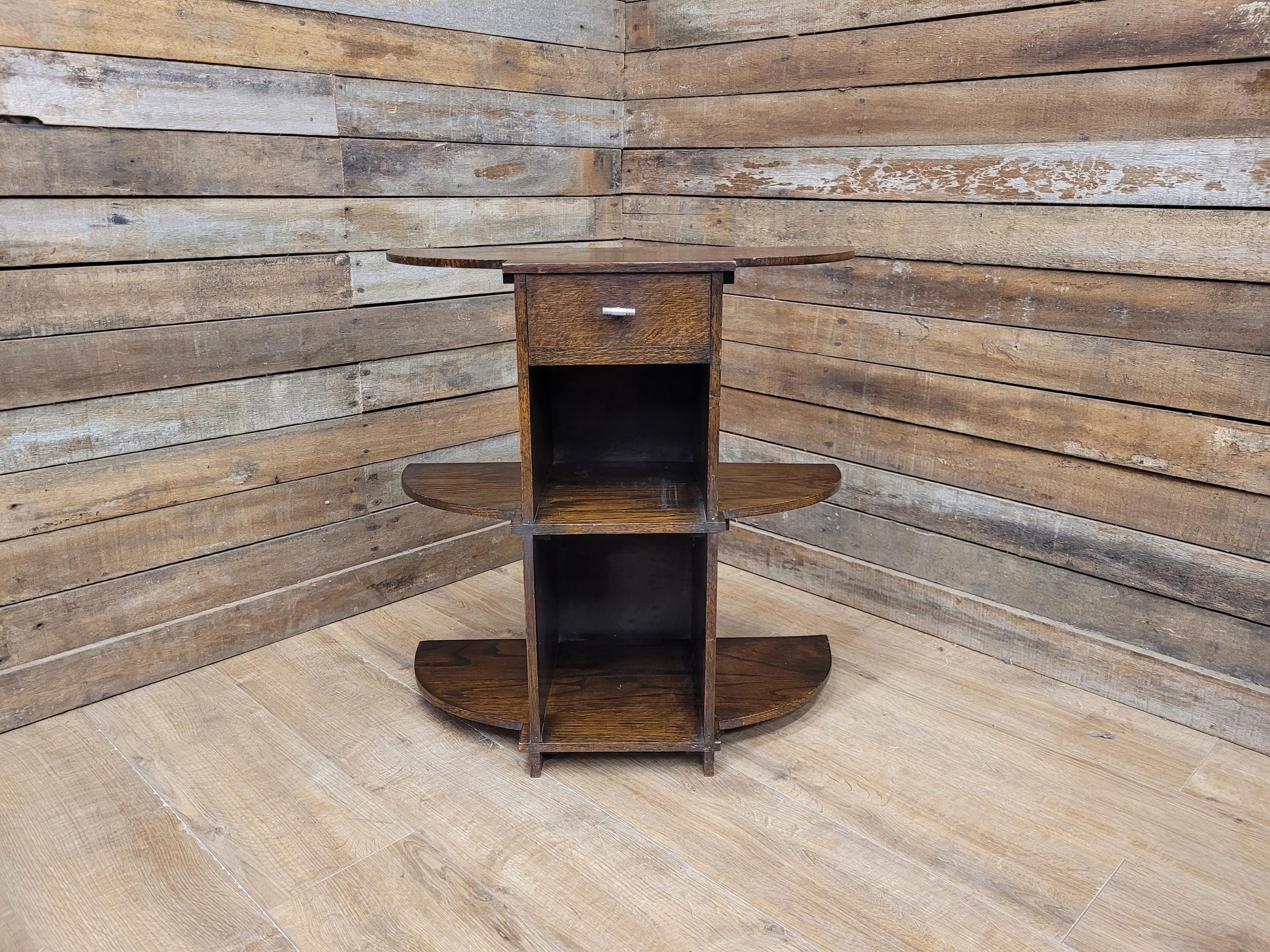 Vintage Art Deco Oak Three Tier Whatnot Plant Stand With Drawer