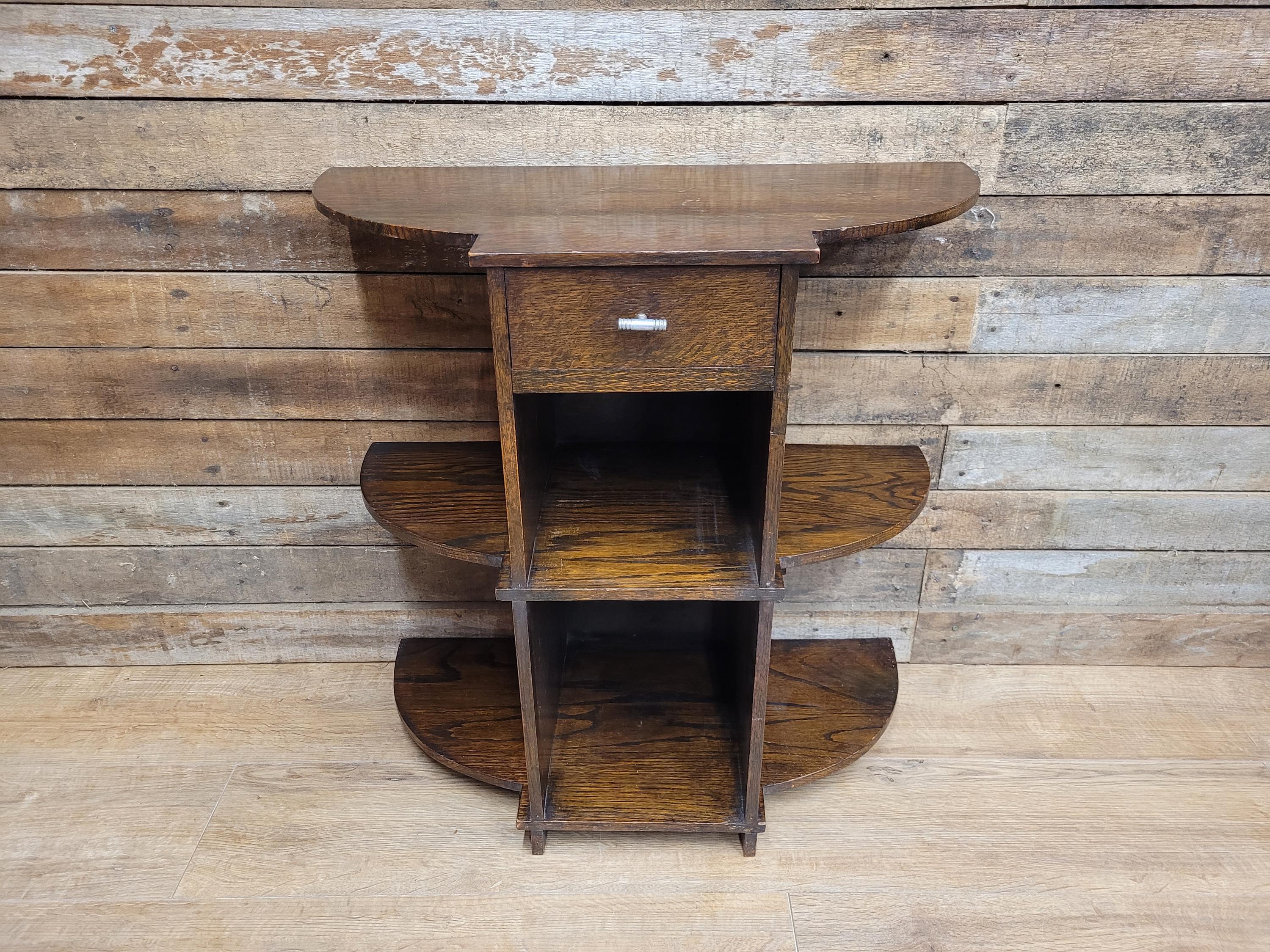 Vintage Art Deco Oak Three Tier Whatnot Plant Stand With Drawer