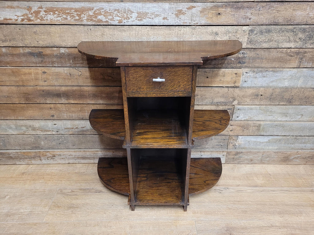 Vintage Art Deco Oak Three Tier Whatnot Plant Stand With Drawer