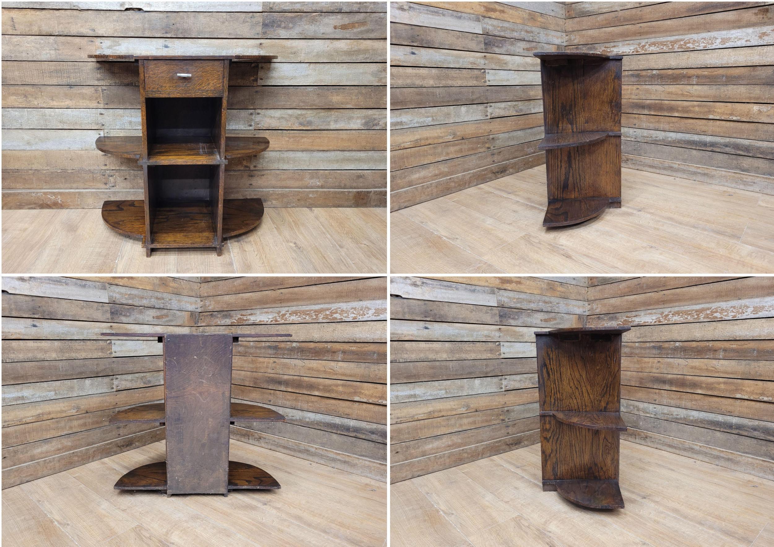 Vintage Art Deco Oak Three Tier Whatnot Plant Stand With Drawer