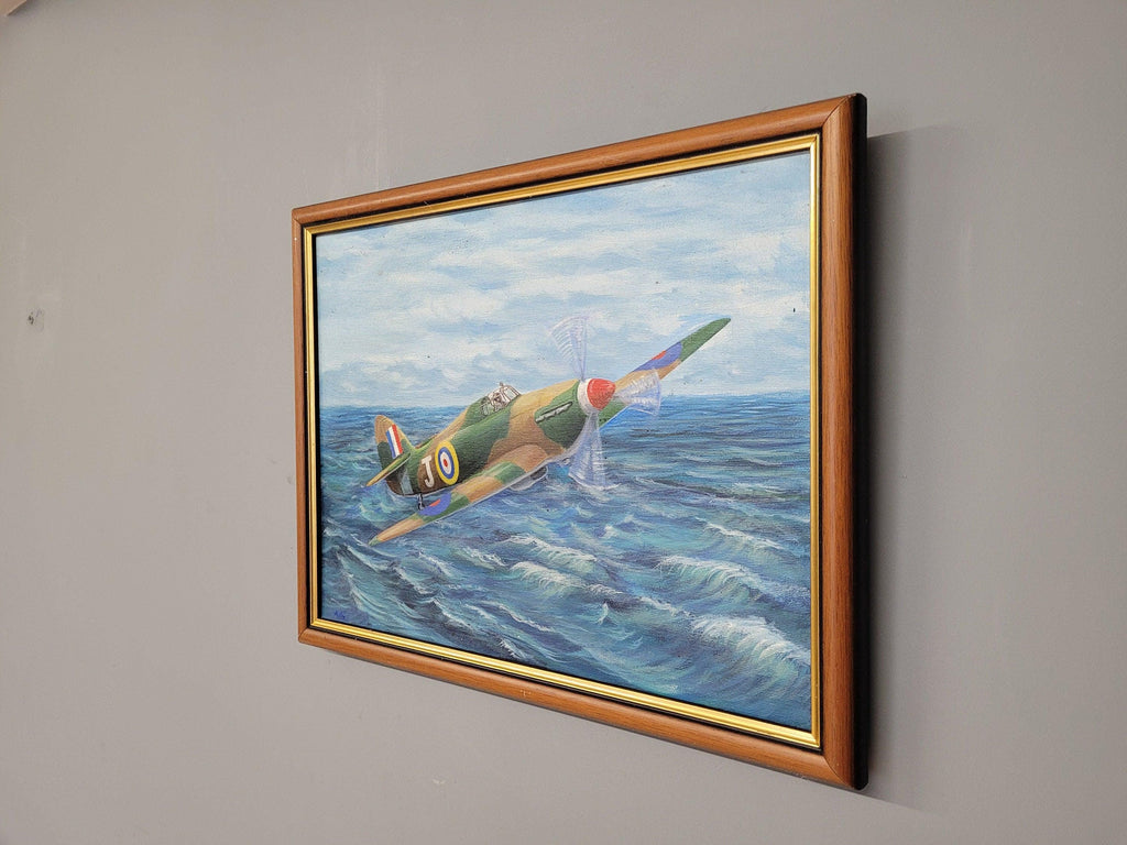 Vintage Framed Oil On Canvas Un-Signed Painting Of Spitfire