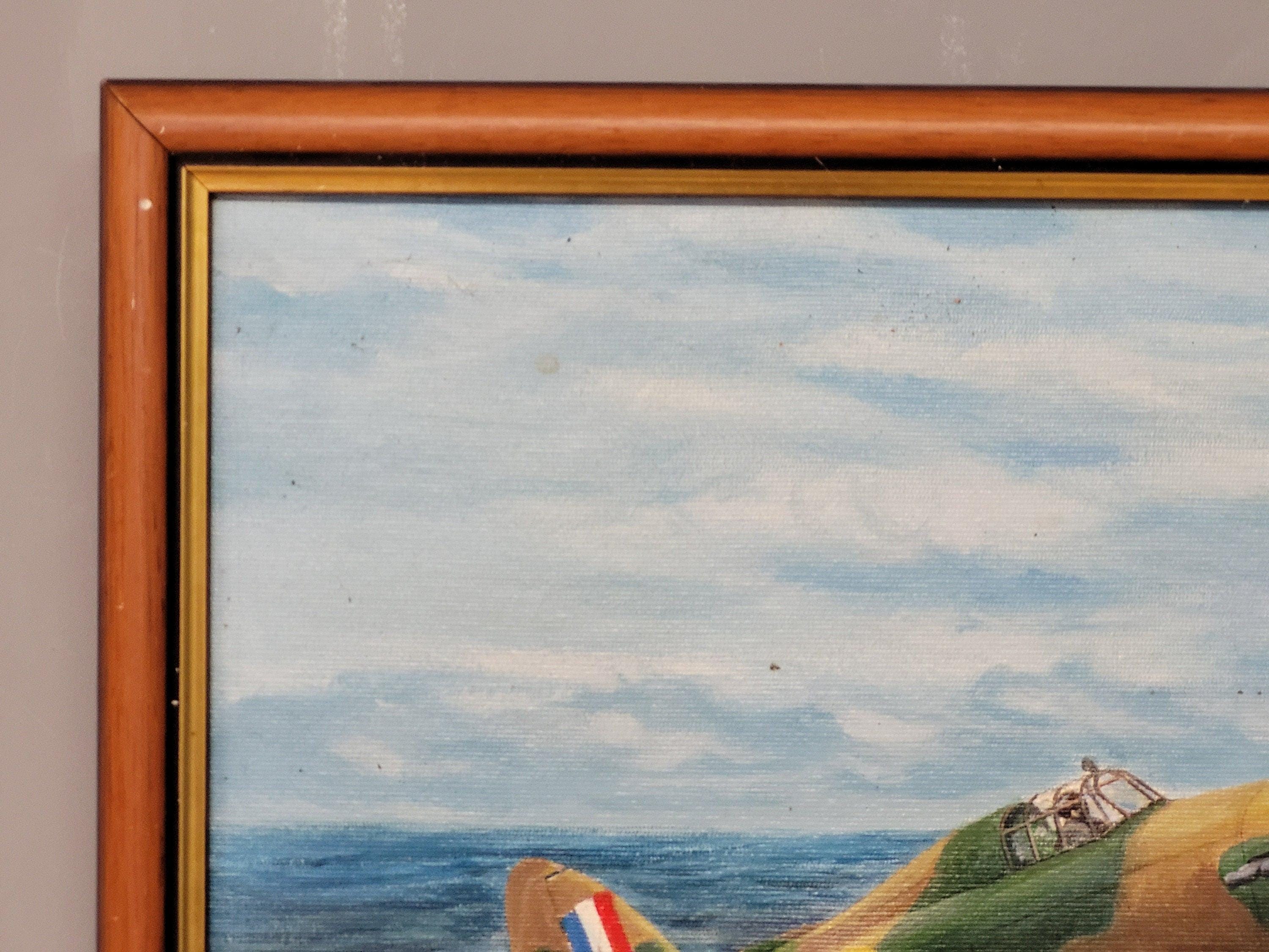 Vintage Framed Oil On Canvas Un-Signed Painting Of Spitfire