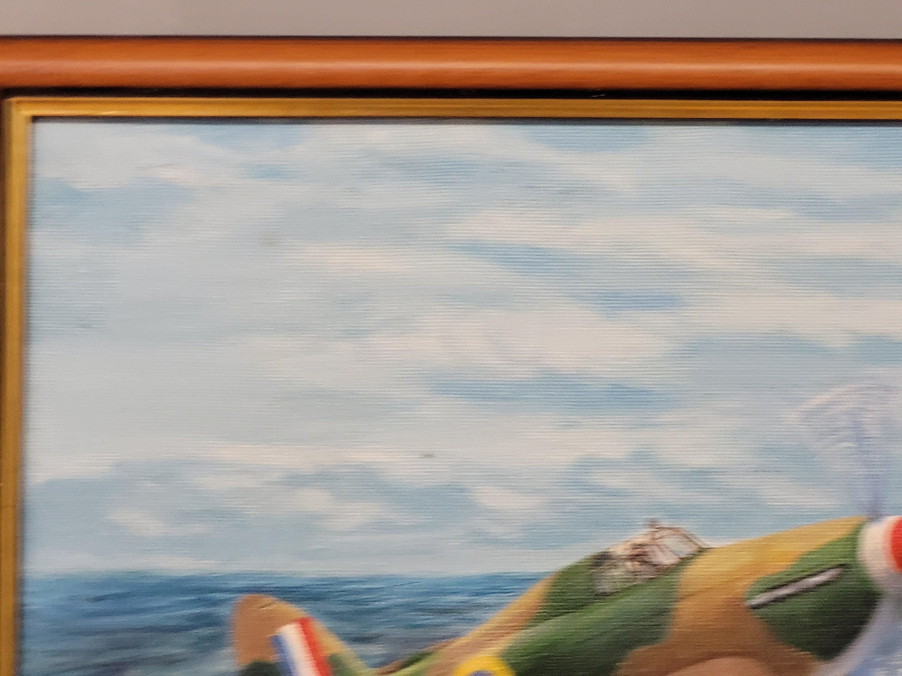 Vintage Framed Oil On Canvas Un-Signed Painting Of Spitfire