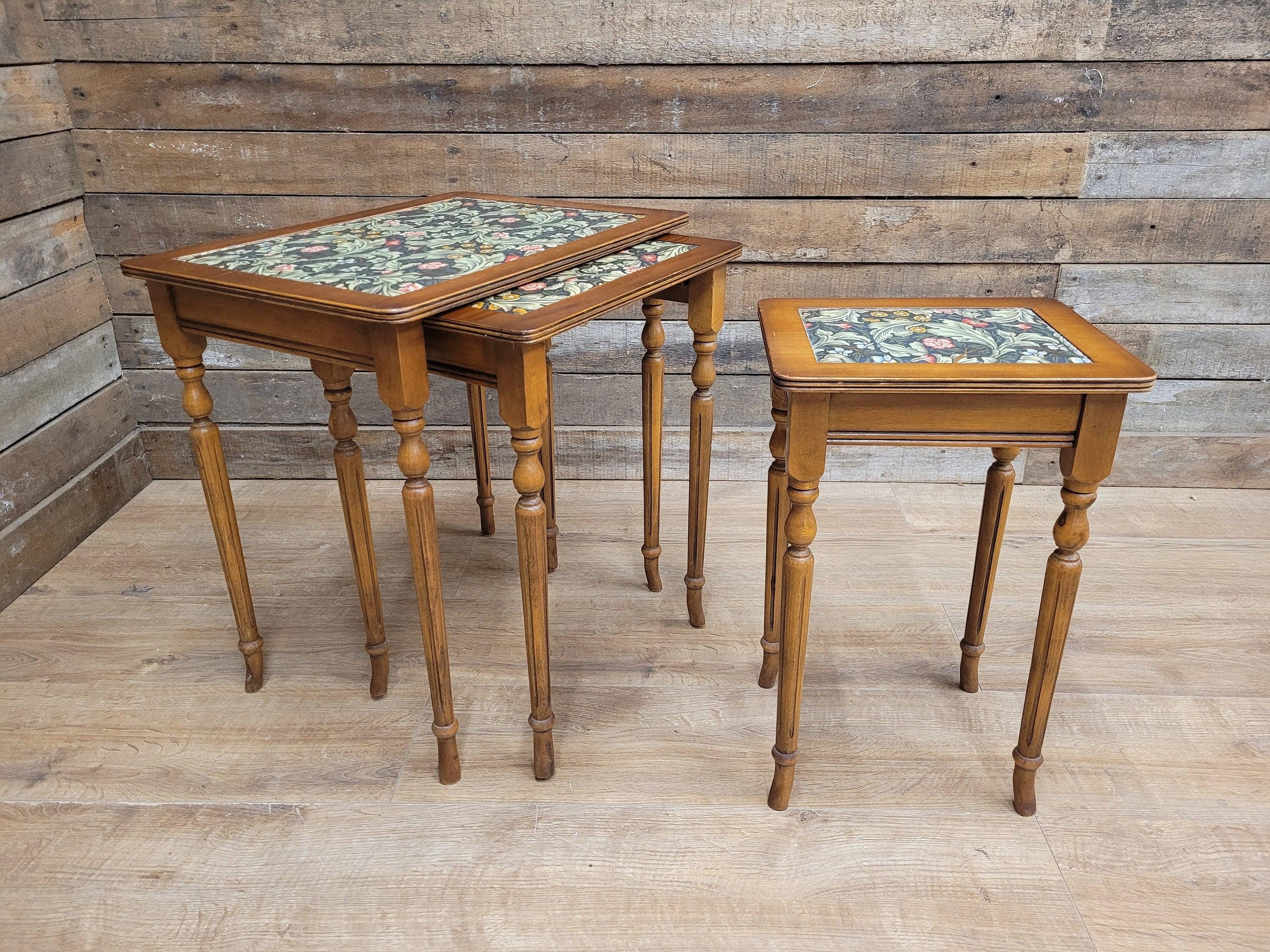 Vintage Nested Tables Fluted Legs William Morris Vinyl Fabric