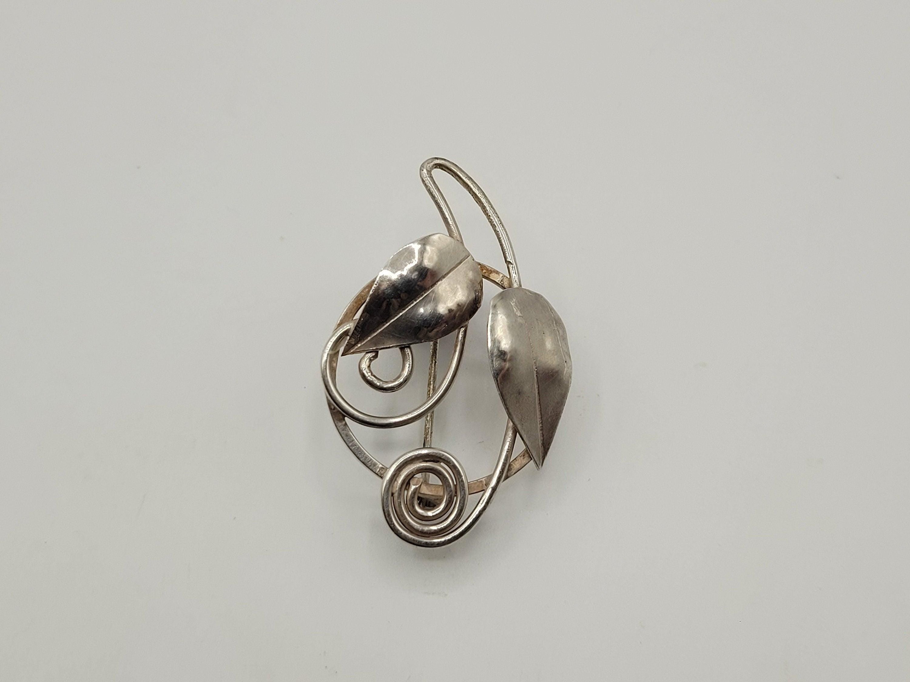Vintage Silver Leaf Brooch Possibly Danish? Spiral Design 4.69 Grams