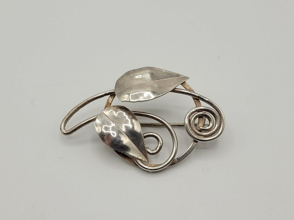 Vintage Silver Leaf Brooch Possibly Danish? Spiral Design 4.69 Grams