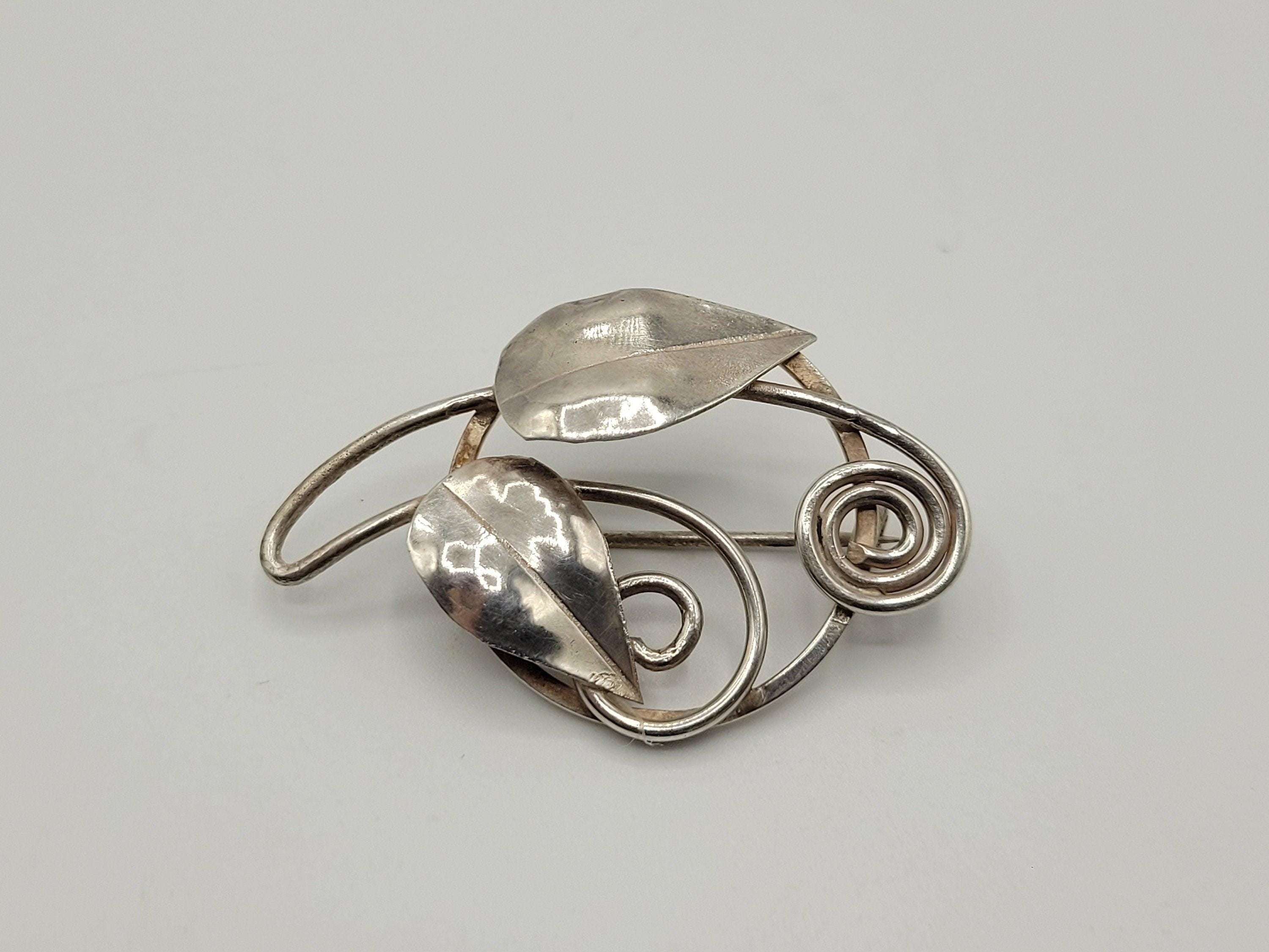 Vintage Silver Leaf Brooch Possibly Danish? Spiral Design 4.69 Grams