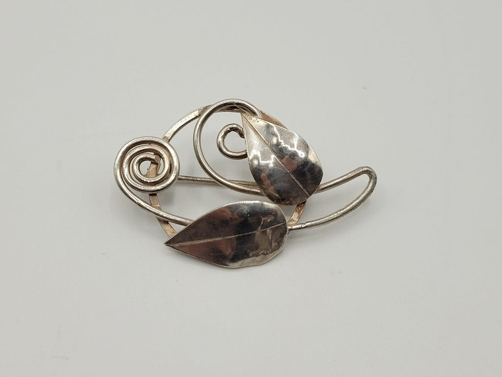 Vintage Silver Leaf Brooch Possibly Danish? Spiral Design 4.69 Grams