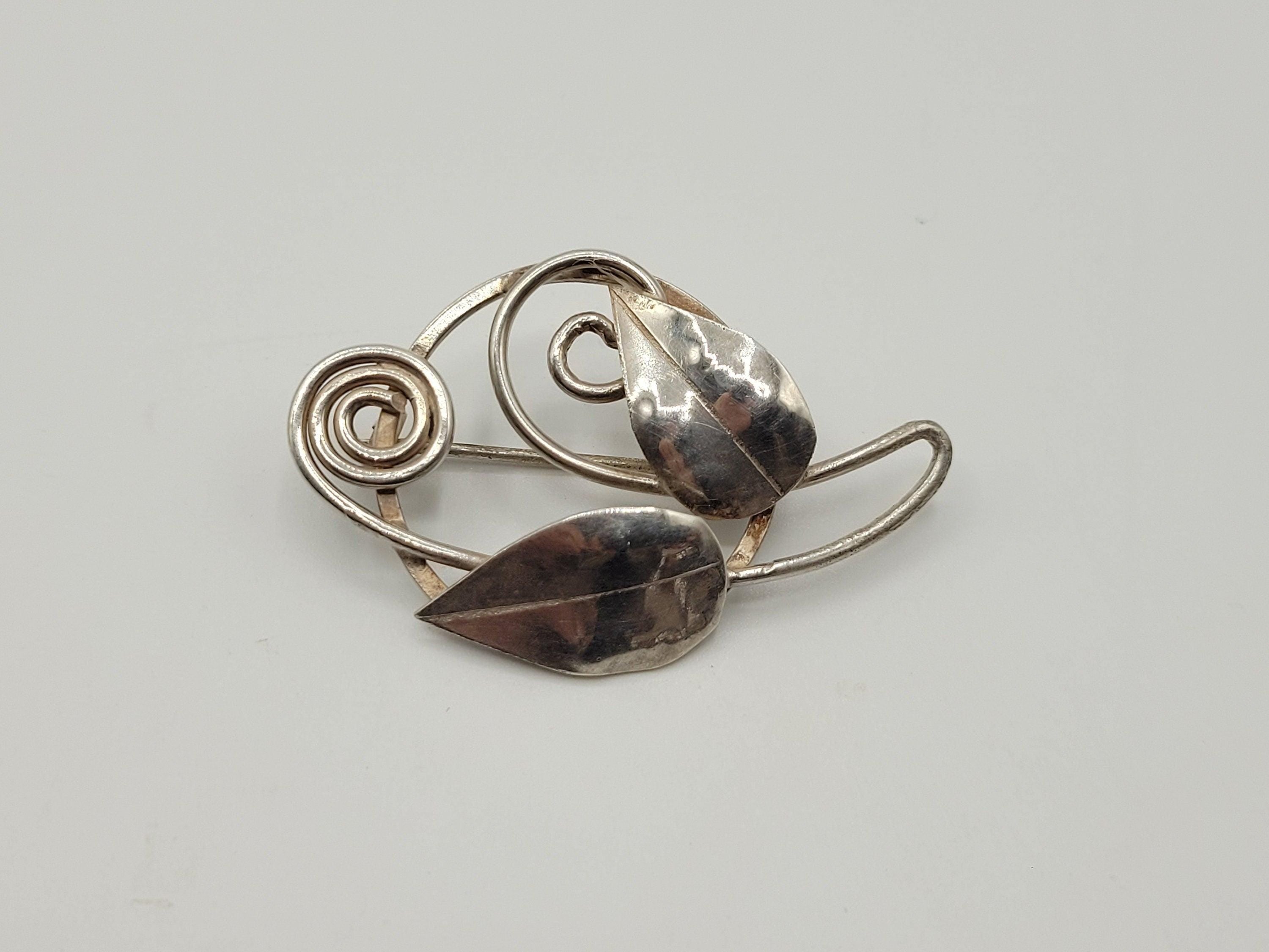 Vintage Silver Leaf Brooch Possibly Danish? Spiral Design 4.69 Grams